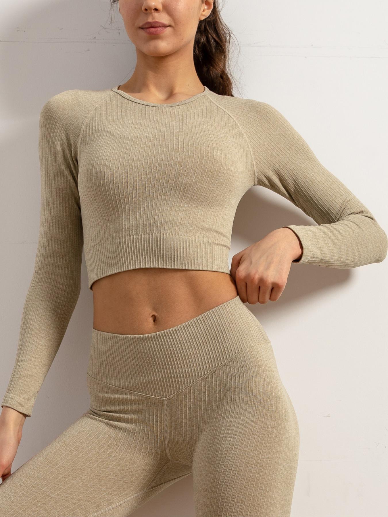 Plain Raglan Sleeve Crop Sports Tee, Casual Round Neck Long Sleeve T-Shirt for Gym Running Training, Women Sport & Outdoor Clothing for Fall & Winter