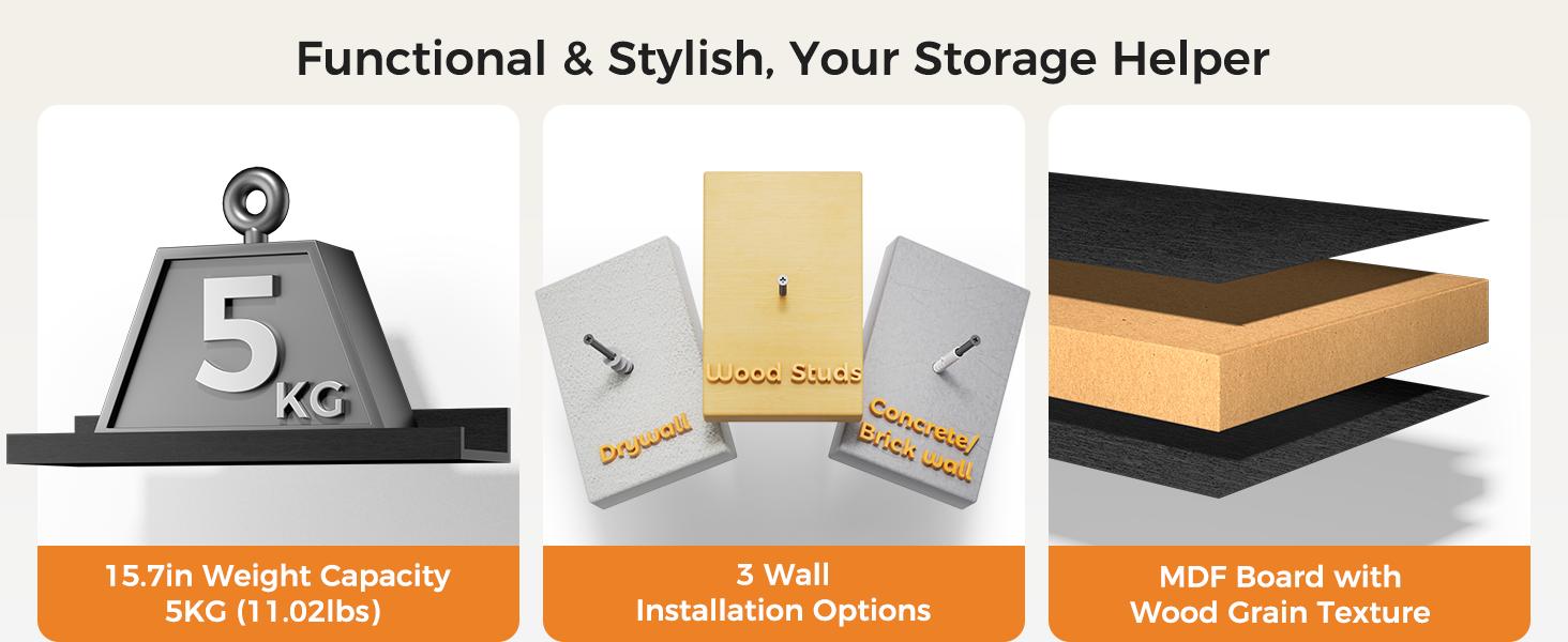 Floating Shelves for Wall, Wall Shelves for Decor Storage Set of 6, Wall Mounted Wood Shelf for Bedroom, Living Room, Bathroom, Kitchen, Picture Ledge Shelf, Brown