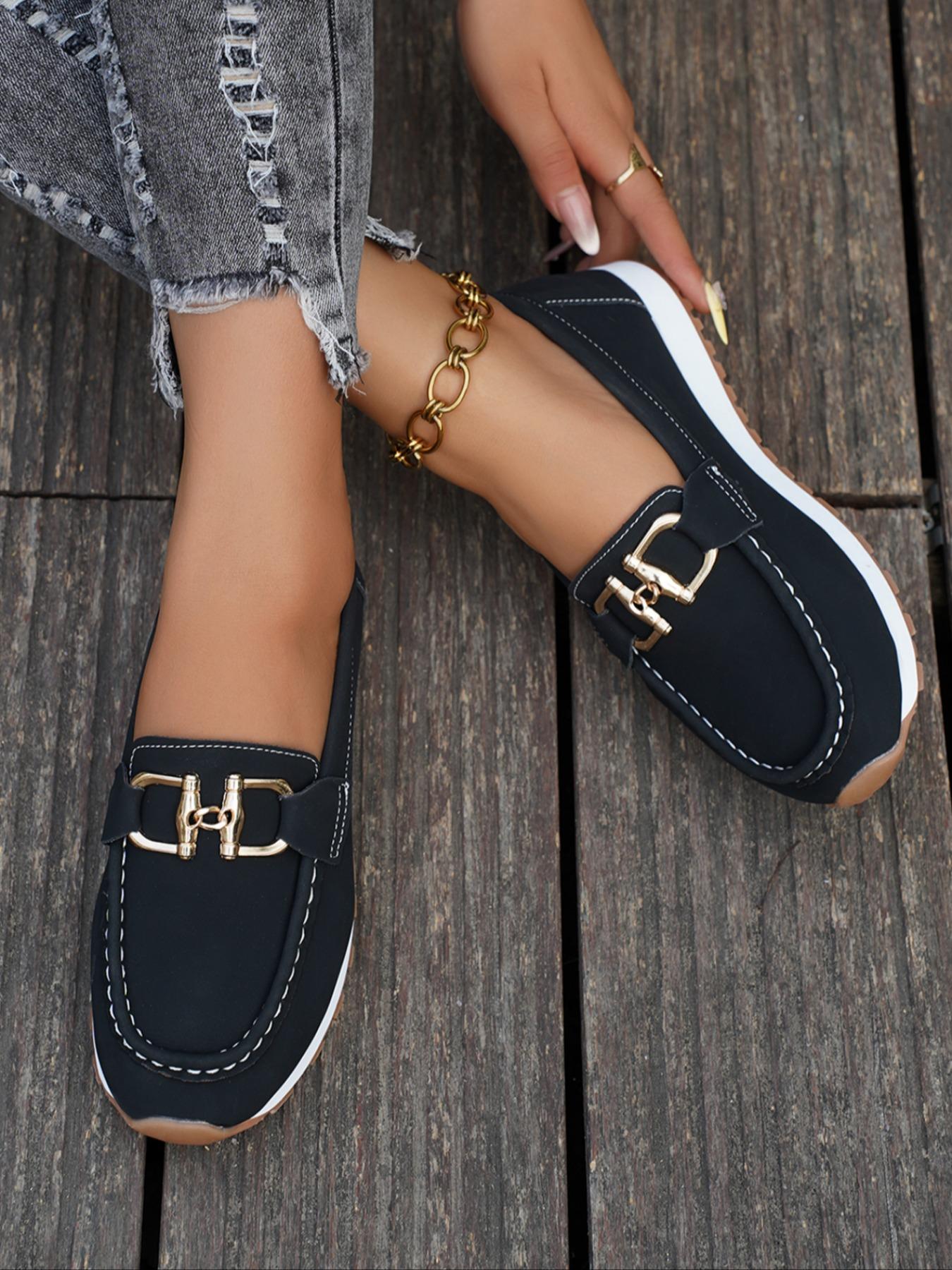 Women's Casual Slip-On Round Toe Loafers, PU Leather Comfortable Wedge Heel Shoes, Metal Buckle Decor, All Season Footwear