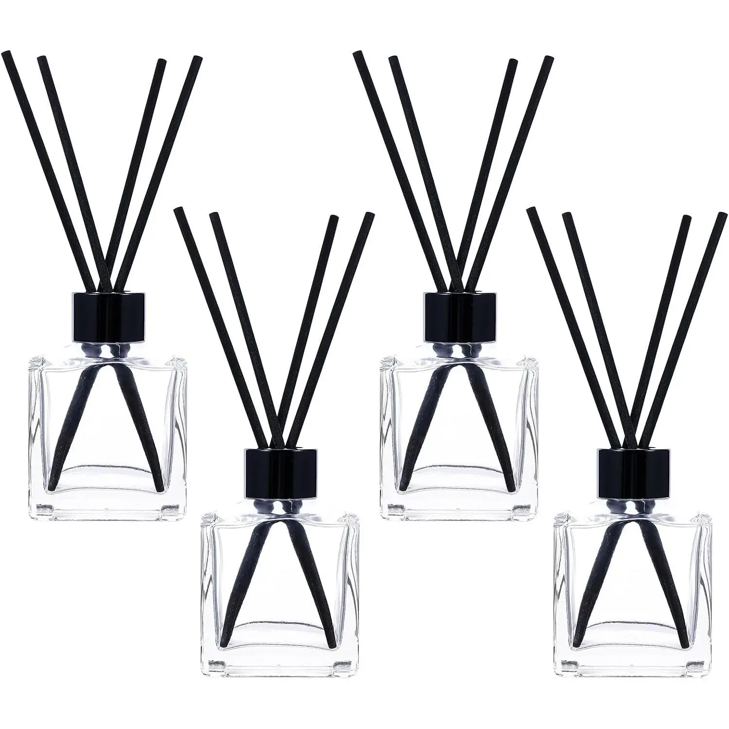 Glass Diffuser Bottles with Black Caps and Reed Sticks Set of 4, 150ml Refillable Aromatherapy Jars for DIY Fragrance Oil Replacement