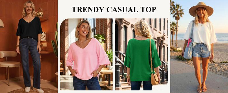 Saodimallsu Womens Oversized Summer Sweater Half Sleeve Batwing V Neck Dolman Sleeve Trendy Casual Knit Tops