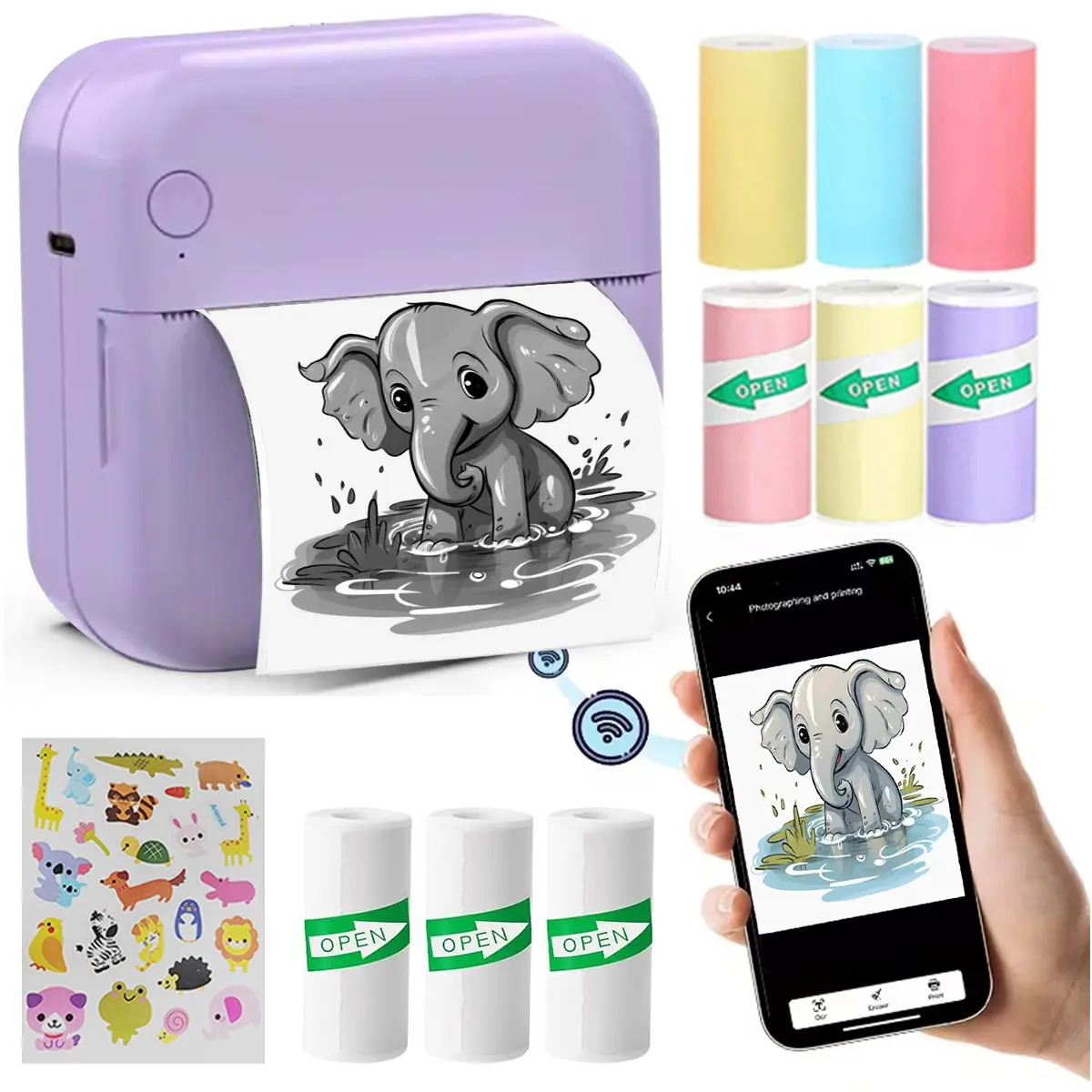 Prinhsji Mini Printer, Portable Inkless Thermal Sticker Printer, Small Pocket Printer for DIY Scrapbooks, Travel, Notes, Photos, Labels, Compatible with iOS & Android