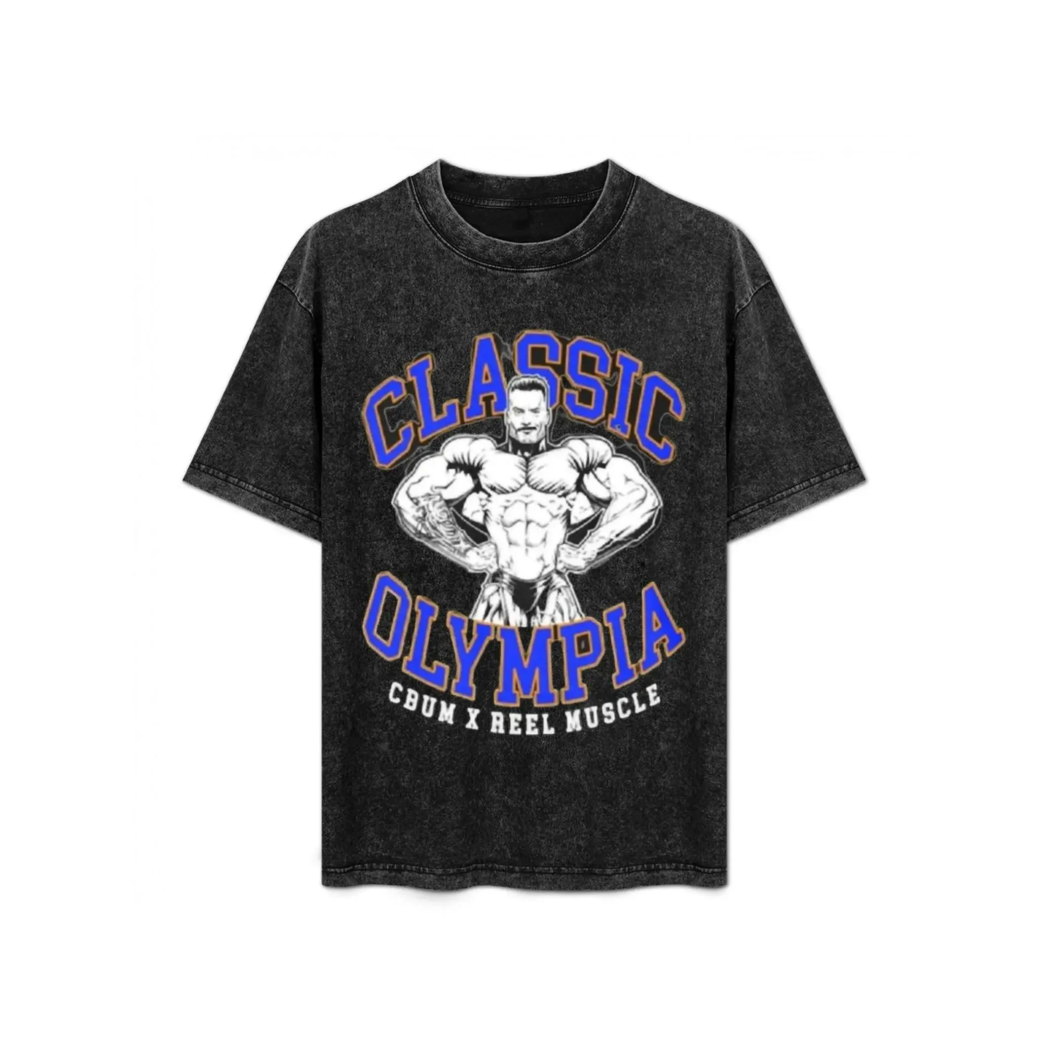 Acid Washable T-Shirt Men Short Sleeve, Classic Olympia CBUM Bodybuilder Muscle Man Blue Arch Letter Gym Fitness Vintage Graphic Oversized Crew Neck Workout Casual Grunge Streetwear Tee For Men, Machine Wash Slight Stretch Knit Cotton Top For Spring Summe