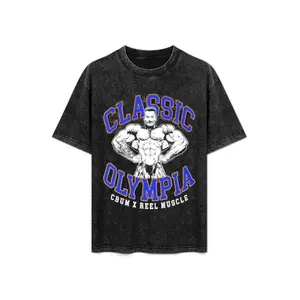 Acid Washable T-Shirt Men Short Sleeve, Classic Olympia CBUM Bodybuilder Muscle Man Blue Arch Letter Gym Fitness Vintage Graphic Oversized Crew Neck Workout Casual Grunge Streetwear Tee For Men, Machine Wash Slight Stretch Knit Cotton Top For Spring Summe