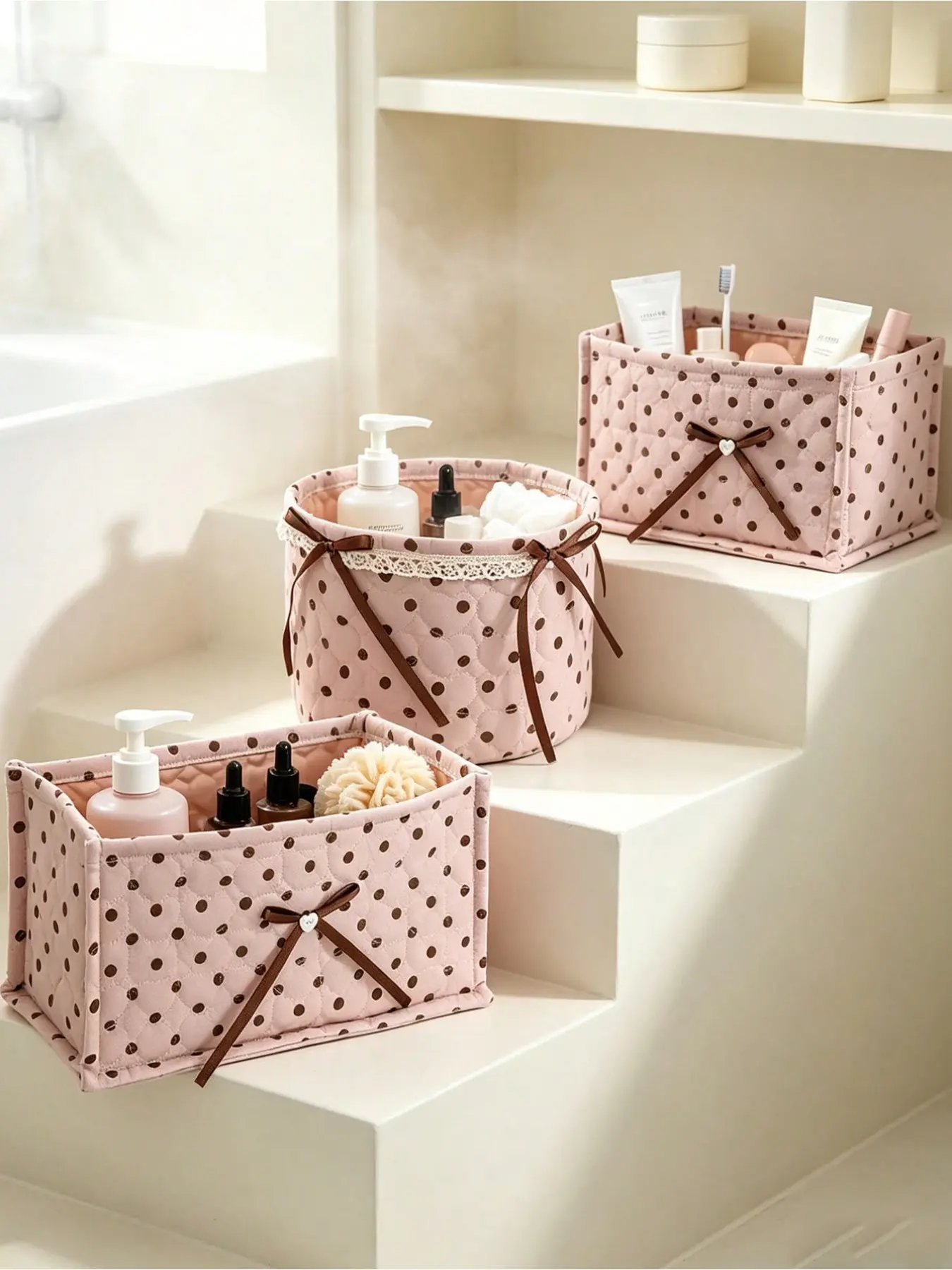 Multipurpose decorative organizers, Cosmetic organizing basket, quilted rectangular storage basket, big polka dot bow storage box, for home, office miscellaneous items, foldable design, suitable for skincare products