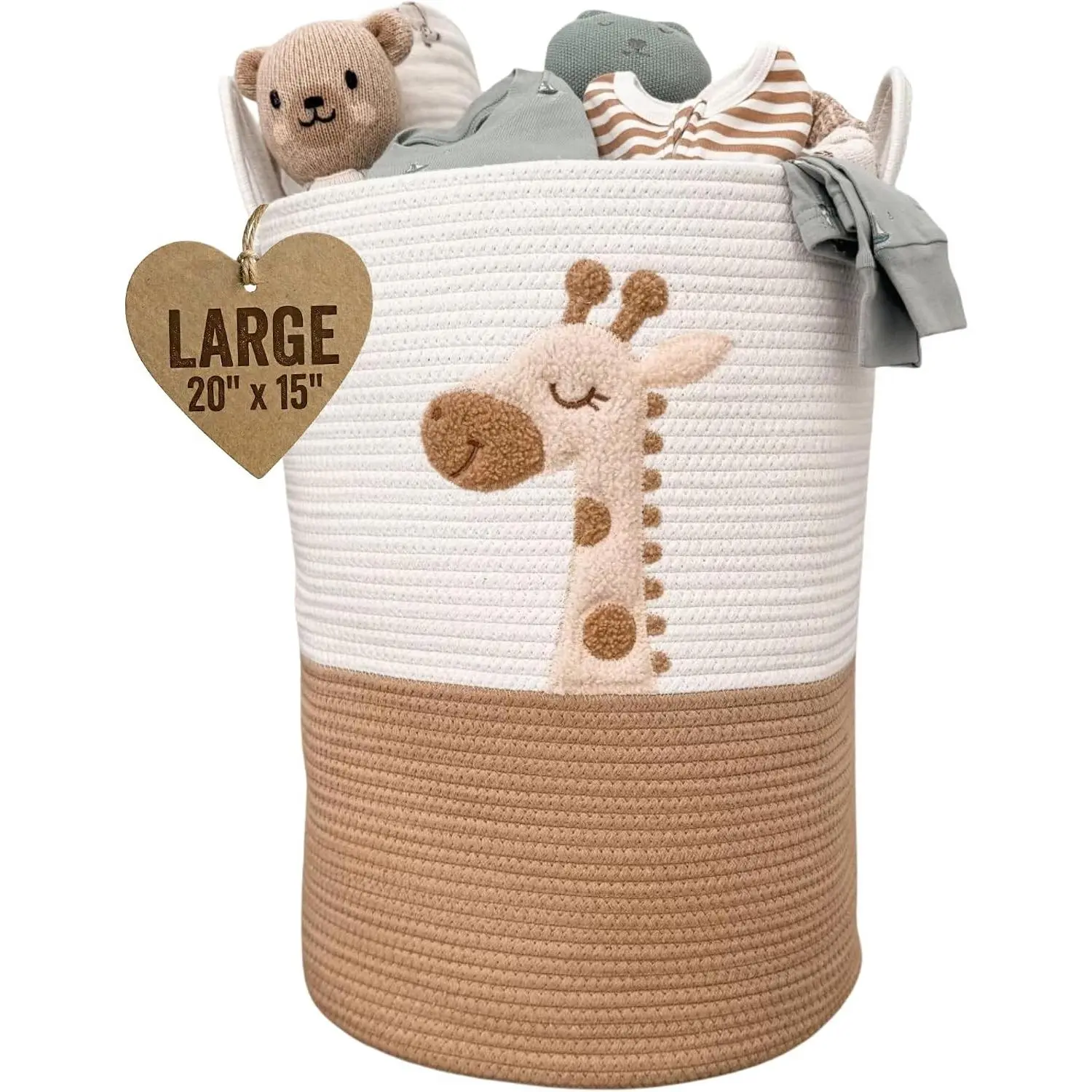 Giraffe Pattern Baby Laundry Basket, Tall Woven Rope Nursery Hamper 20x15in, Storage for Baby Clothes Blanket Toys, Soft Felt Animal Patch, Safari Nursery Decor, Perfect Shower Gift for Kids Room