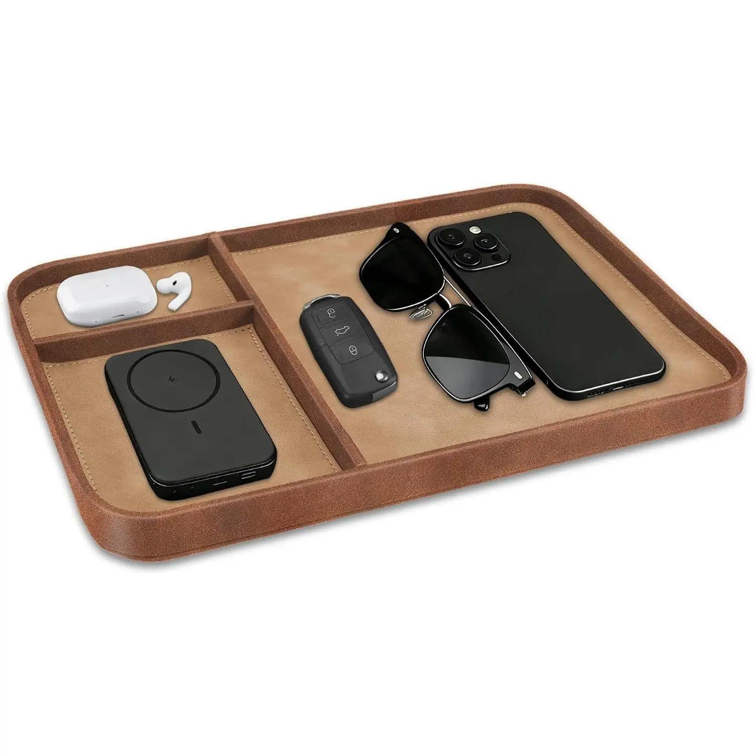 Valet Tray Trendy Organizer Multifunctional Nightstand  Holder |  PU Leather Stylish and Organized Catchall Bedside  Tray for , Watch, Wallet,  and , Brown