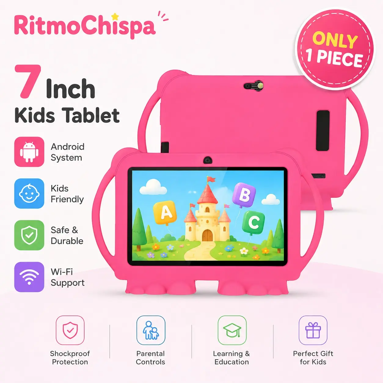 Tablet 7 Inches, Android Os, Dual Cameras, Quad-Core Processor, 16GB Storage, WiFi & Bluetooth-compatible, Shockproof Case, Ideal for Learning and Entertainment