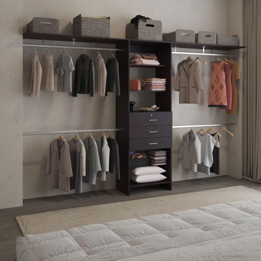 Plego 69"W - 118"W Drawers Closet System, Five Shelves, Four Hanging Rods, Three Drawers Black Wengue