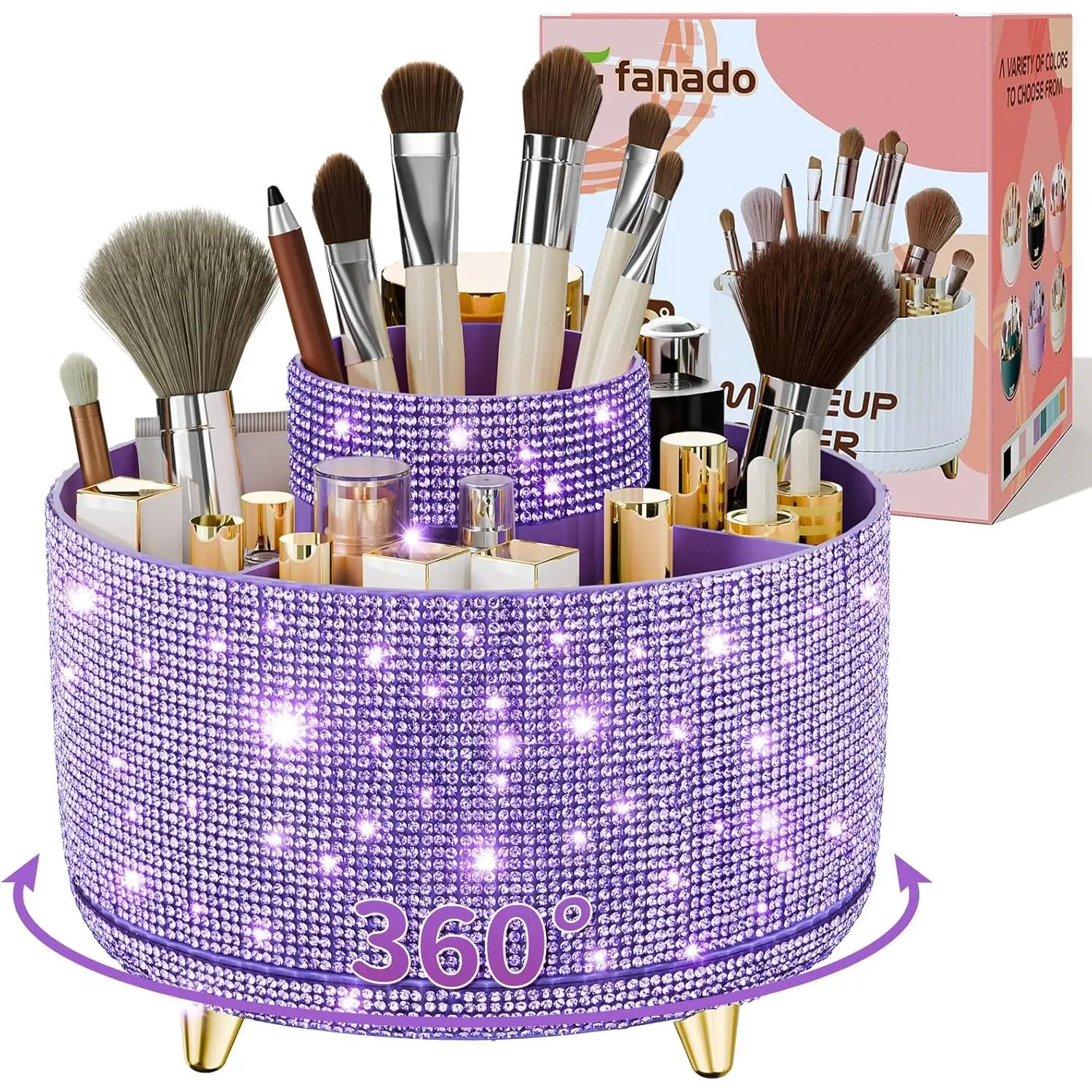 Diamond Glitter Makeup Brush Holder, 360° Rotating Organizer with 5 Slots, Glamorous Makeup Storage for Vanity Countertop, Diamond Purple, Glamorous Look