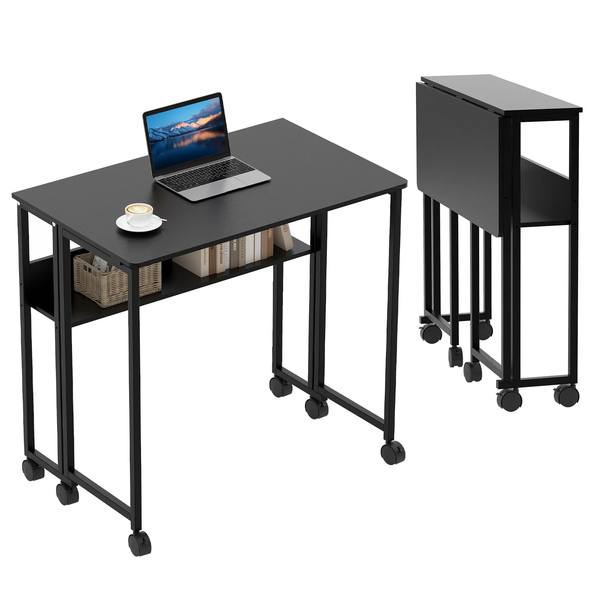 Mobile Folding Computer Desk with 6 Wheels and Shelf 80cm Space Saving Writing Table for Small Home Office Dorm Bedroom Natural Wood