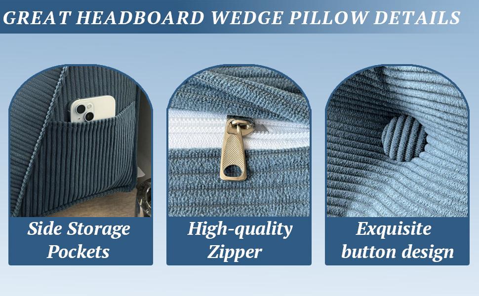 Djft Wedge Headboard Pillow for Bed Sitting & Reading, Bed Backrest Reading Cushion with Removable Cover, Large Sitting Pillow with Side Pockets for Dorm Room(Blue, Twin 39in)