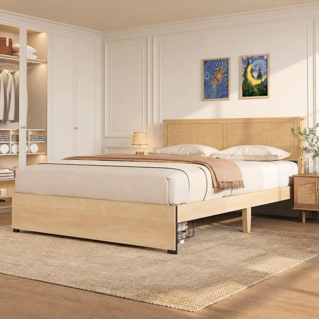 Gaomon Boho Platform Bed Frame, Natural Rattan Design, 2 Storage Drawers, Storage Headboard, Strong Slat Support, Noise-Free, No Box Spring Needed