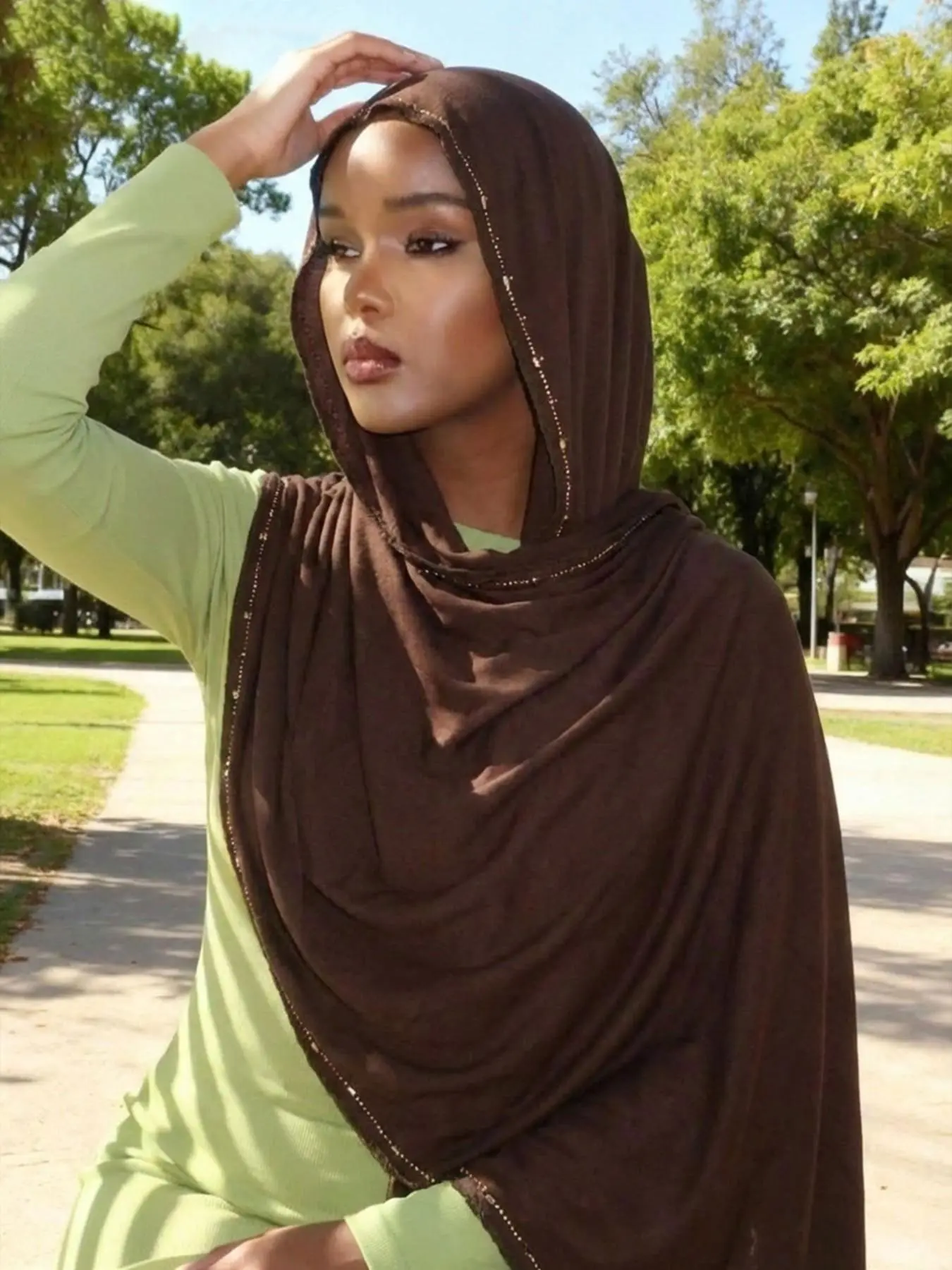 Women's Plain Rhinestone Headscarf, Comfortable Soft Jersey Hijab, Ideal for Daily Wear, Casual Evening, All-Season Abaya Accessory