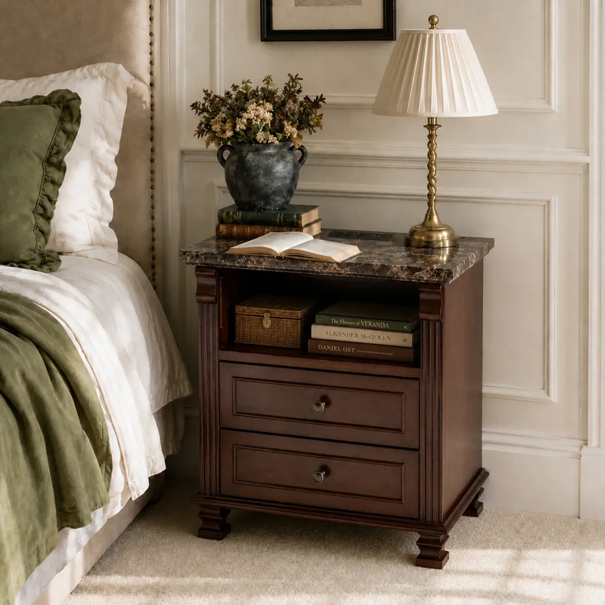 [Bellemave] Tall Modern Nightstand with Charging Station, 18.1'' Length Walnut Color Bedside Table Storage Drawers, Marble Grain Paper Large Mid End Table for Bedroom, Living Room