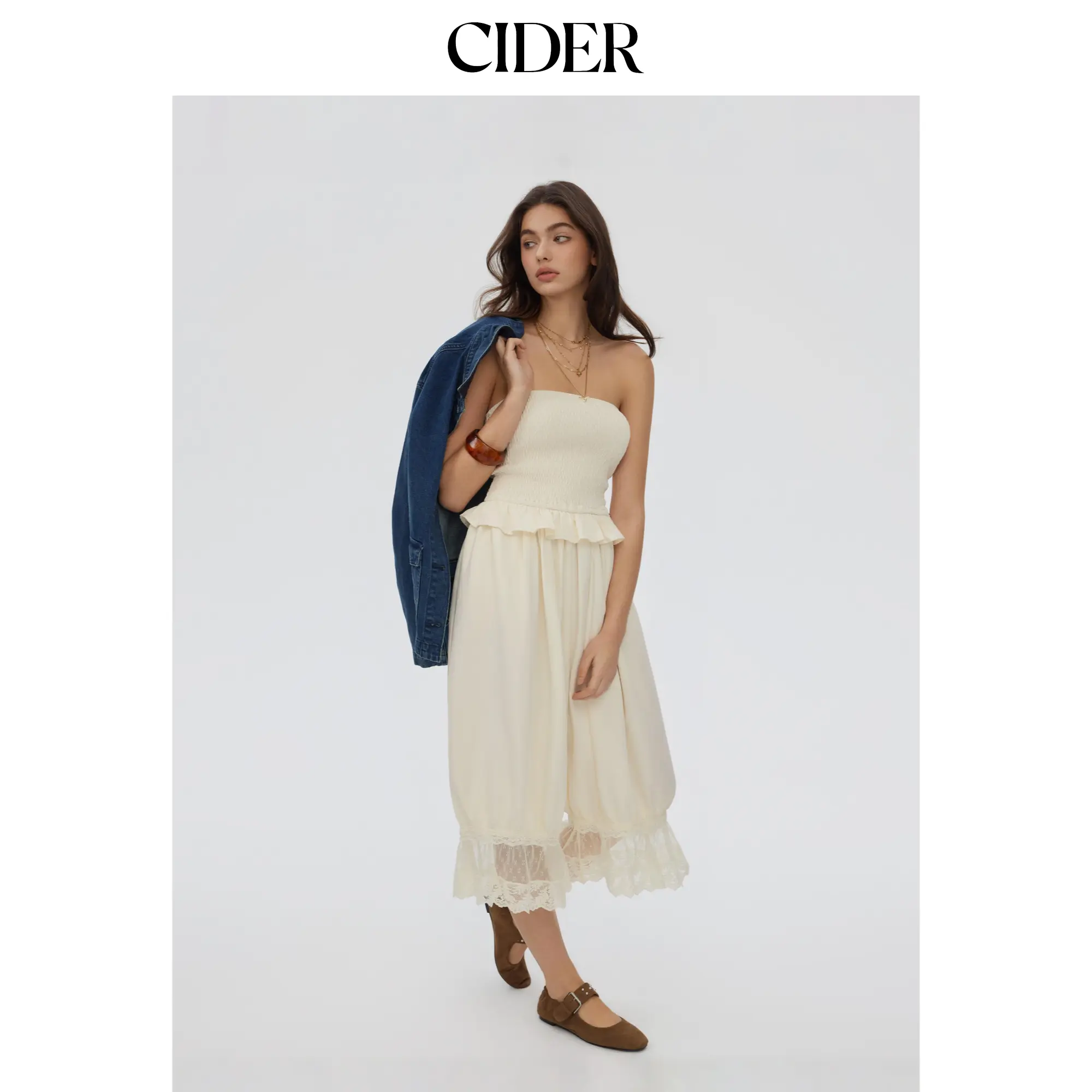 Cider Chiffon Strapless Smocked Waist Lace Trim Barrel-leg Capri Jumpsuit