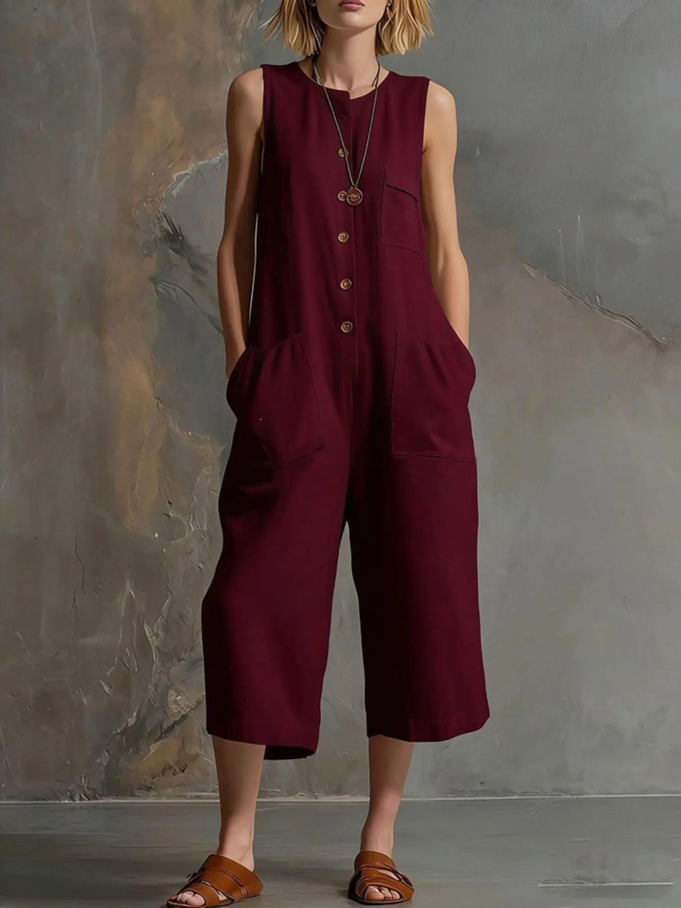 2026 Women's Spring Summer Sleeveless Jumpsuit, Button Front, Loose Fit Wide Leg, Cropped Casual Utility Romper, Ideal for Work, Travel, Daily Wear