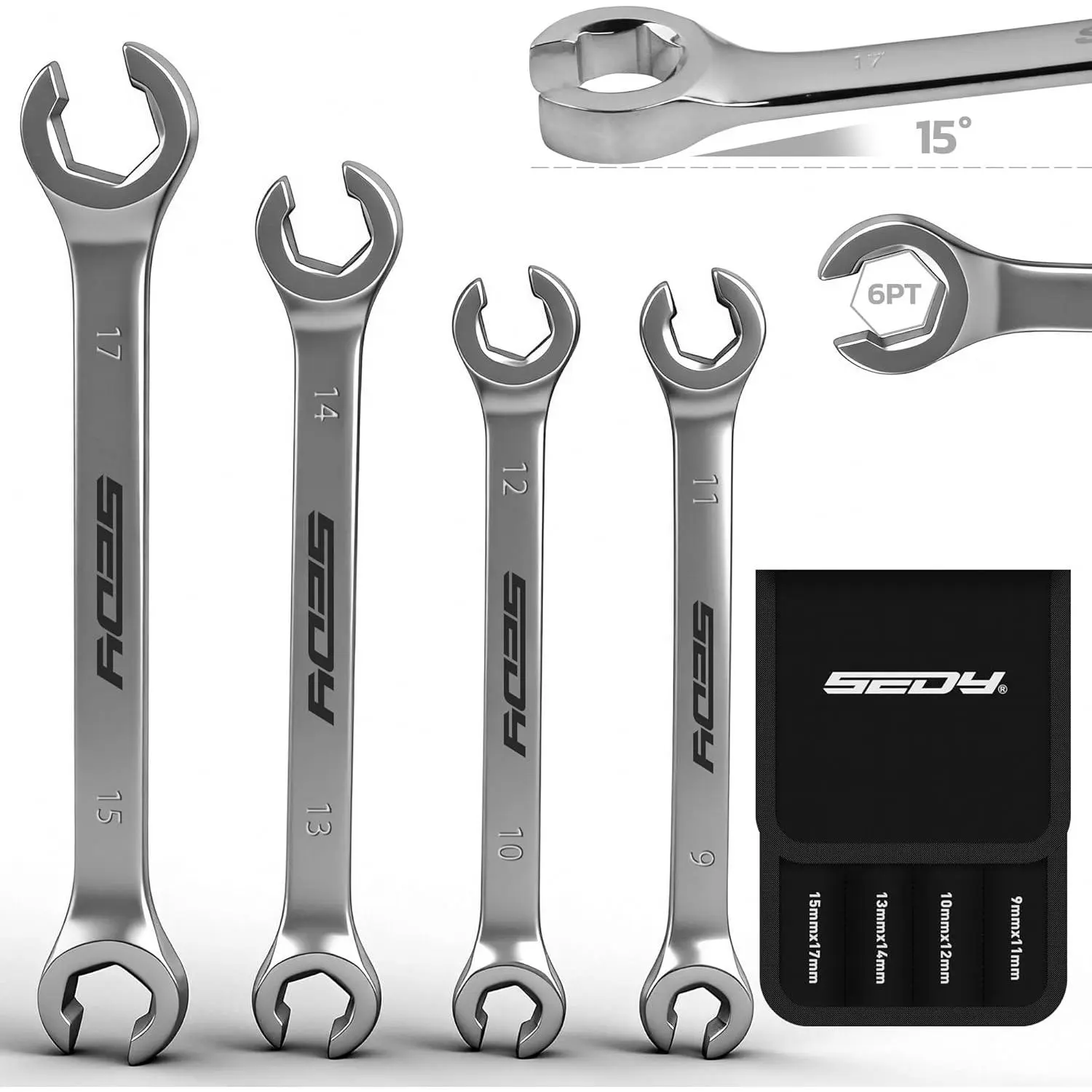 SEDY 4-Piece Flare Nut Wrench Set, Offset End Spanner Metric 9 10 11 12 13 14 15 17mm, CR-V Repair and Remove Nuts on Fuel Tube Hose Transmission Line