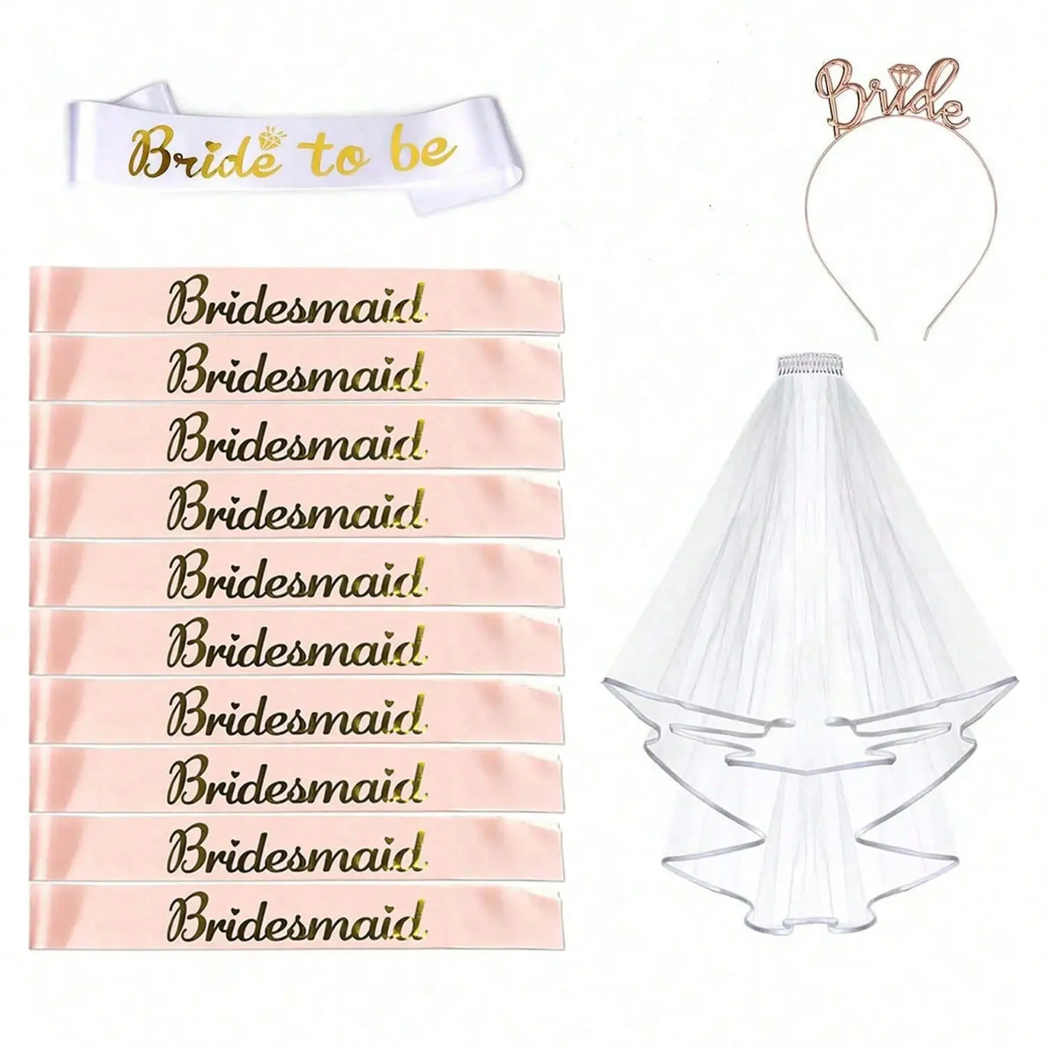 13pcs Hen Party Wedding Accessories Set (1pc Bride Sash + 10pcs Bridesmaid Sash + 1pc Hen Party Veil + 1pc Bride Crown), Bachelorette Party Decorations Mother's Day Graduation Party Supplies