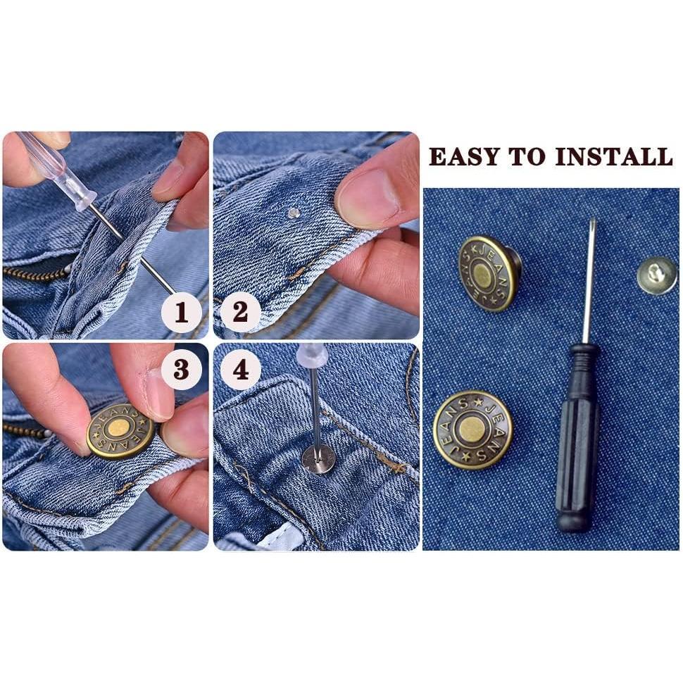 12 Sets Adjustable Buttons for Jeans, 20mm No Sew  Metal Buttons, Removable Jean Buttons Replacement Repair Kit with Threads Rivets and