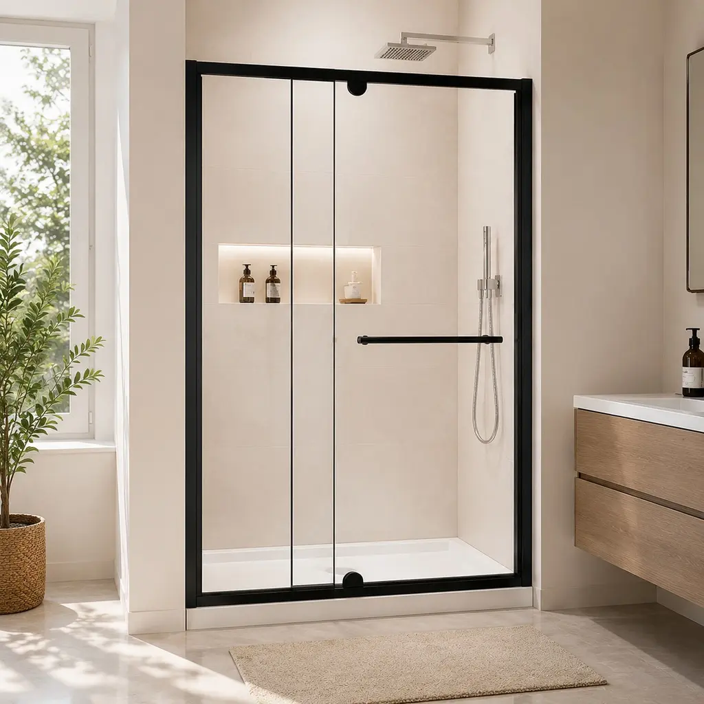 48 x 72 Inch Pivot Shower Door, 1/4" Clear Tempered Glass, Black Aluminum Frame, Stainless Steel Handle, Reversible Left or Right Opening, Magnetic Seal, Modern Bathroom Enclosure, Black
