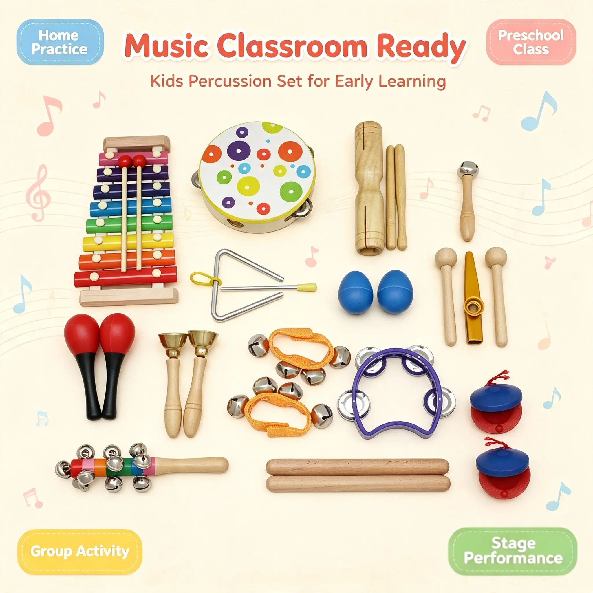 Sy-60 Orff 19-Piece Percussion Set, Wooden Early Education Music Toy, Includes Xylophone, Bell Drum, Triangle, Ideal for Home and Kindergarten
