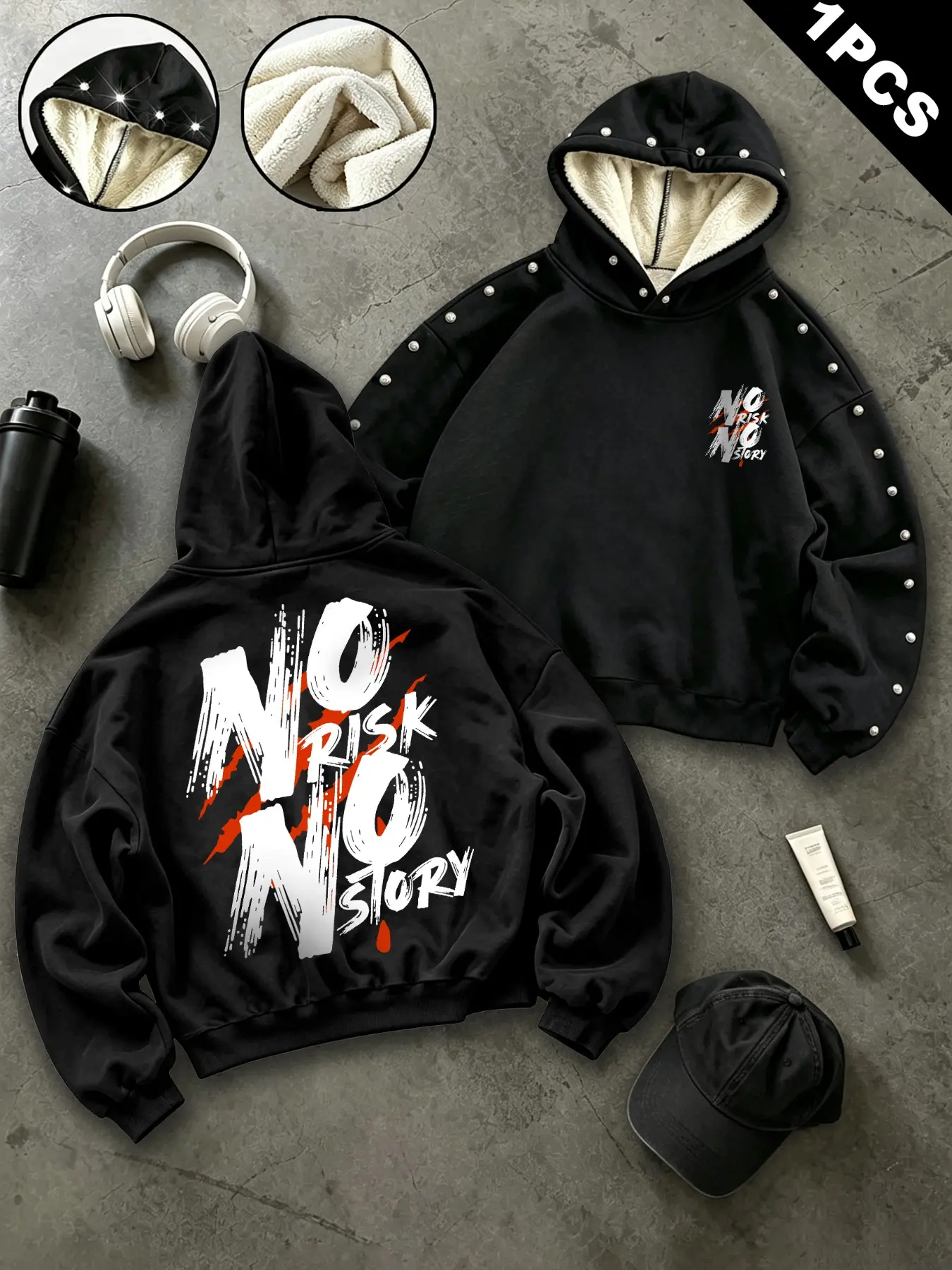 Unisex Rivet Fleece Hoodie, Fall Winter Warm Sweatshirt, Street Style Patchwork Design, Long Sleeve, Letter Print, Trendy Outerwear