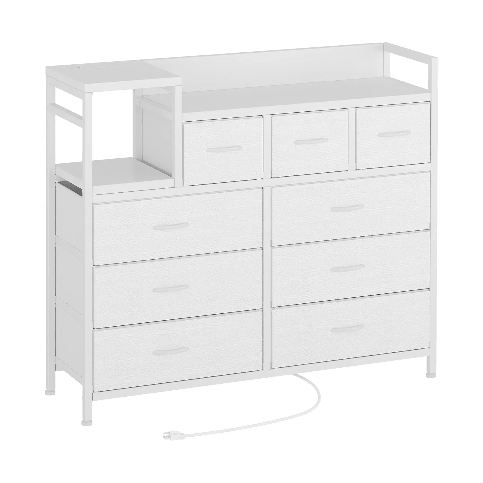 39-Inch 9-Drawer Fabric Storage Organizer with Charging Station, White, Pink, Black Willow Wood, Steel Frame