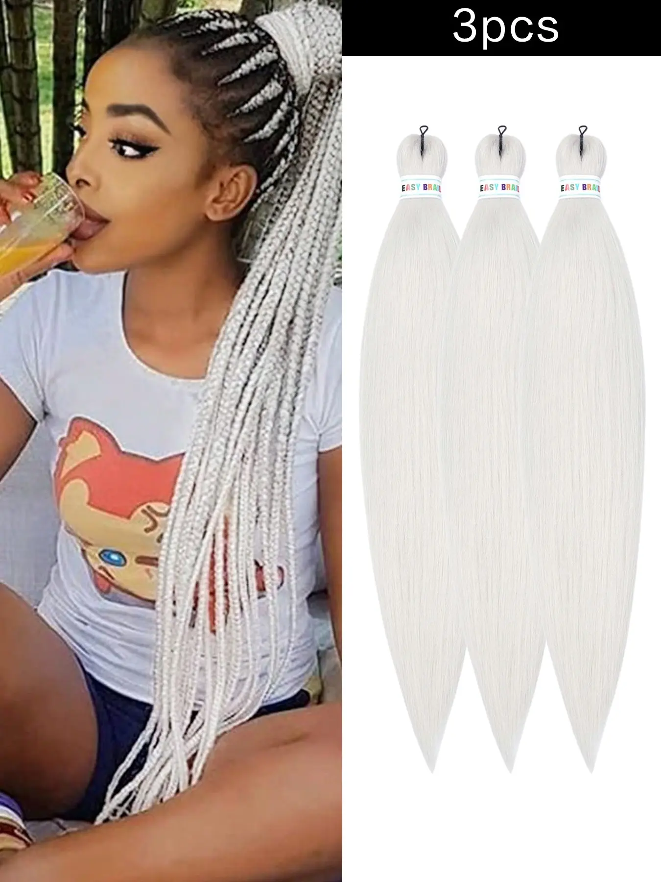 3PCS 26 Inch Pre-Stretched Braiding Hair Extensions, Grey White Color Low Temperature Lightweight Tangle Free Hot Water Setting Braid Hair for Women DIY Box Braids Twist Braids Hairstyle for Women Used Daily Parties Cosplay Halloween And Christmas