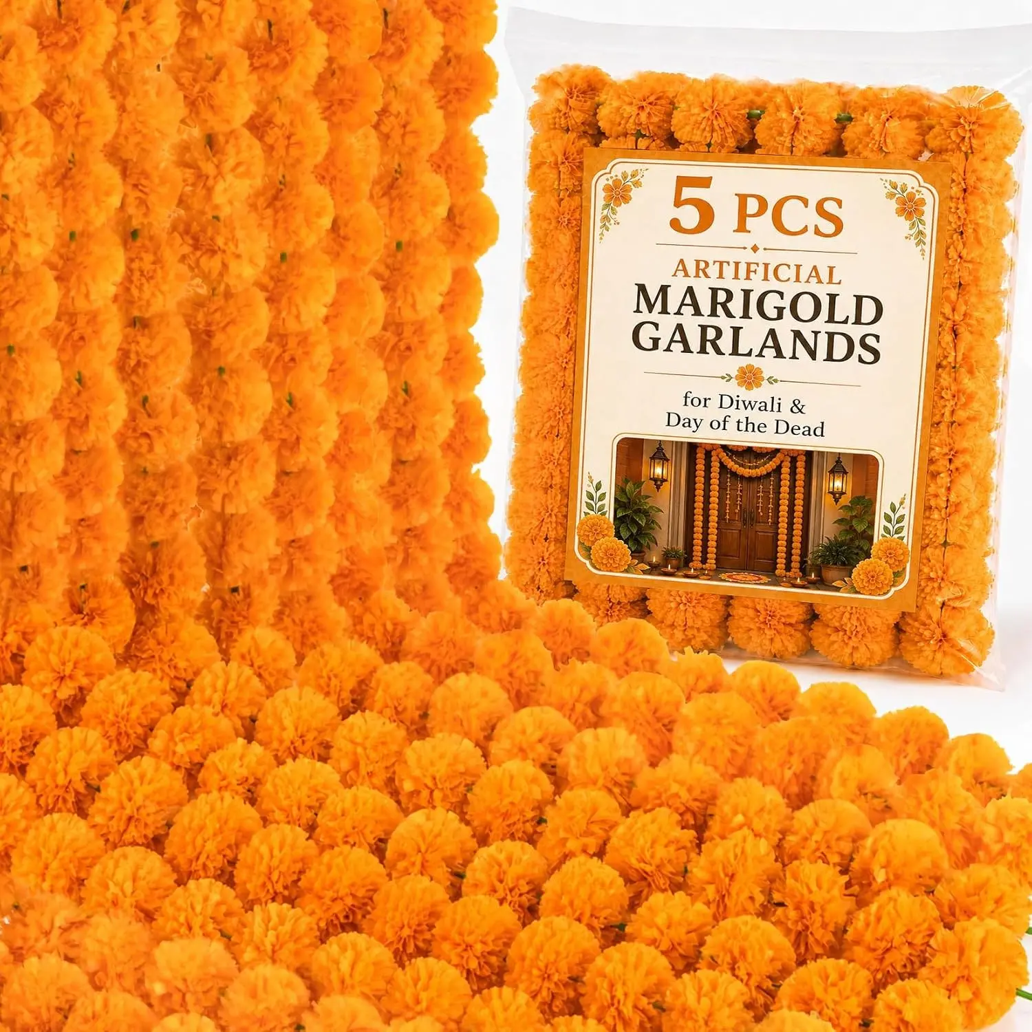 5PCS Waterproof Artificial Marigold Garland - Light Orange Artificial Marigold Flowers for Diwali, Day of the Dead, Pooja, Haldi, Indian Wedding DecorationsGift