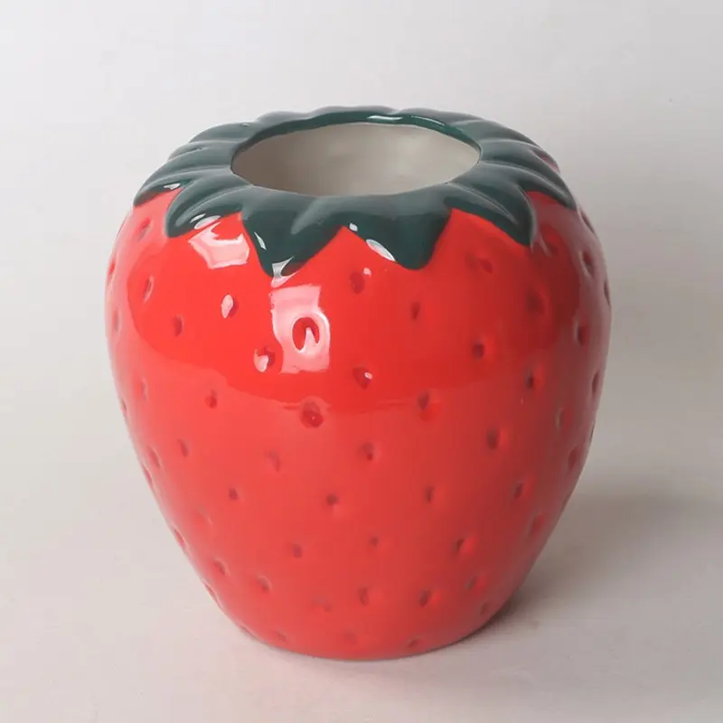 3D Strawberry Ceramic Vase, Glossy Glaze with Textured Fruit Design, Cute Floral Arrangement Holder, Home Decor Gift Idea
