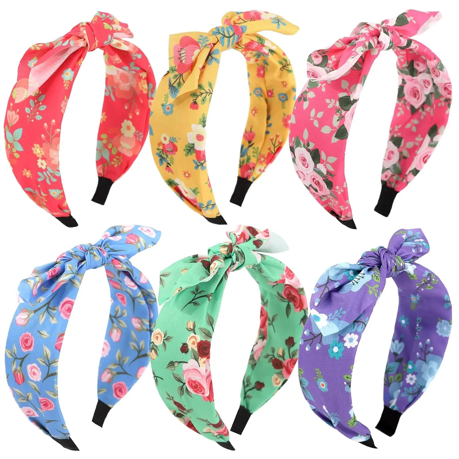 6 count Bow Headbands for Women, Fashion Headbands for women with Bows | Floral, Bow Knotted,Colorful, Wide, Non-Slip