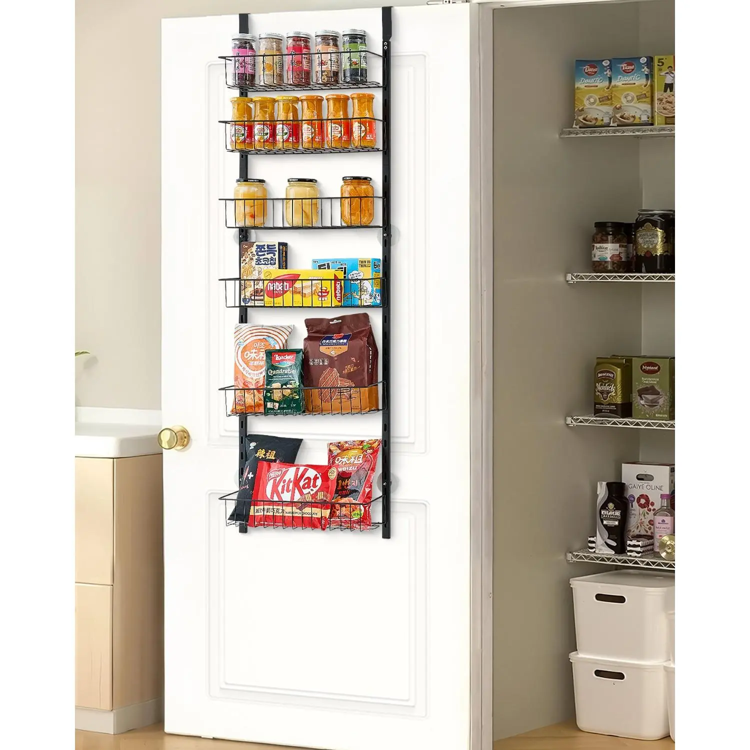 VEVOR Over-the-Door 6-Tier Heavy-Duty Steel Pantry Organizer, Adjustable Hanging Spice Rack with Wall Shelves, for Home Kitchen, Laundry Room