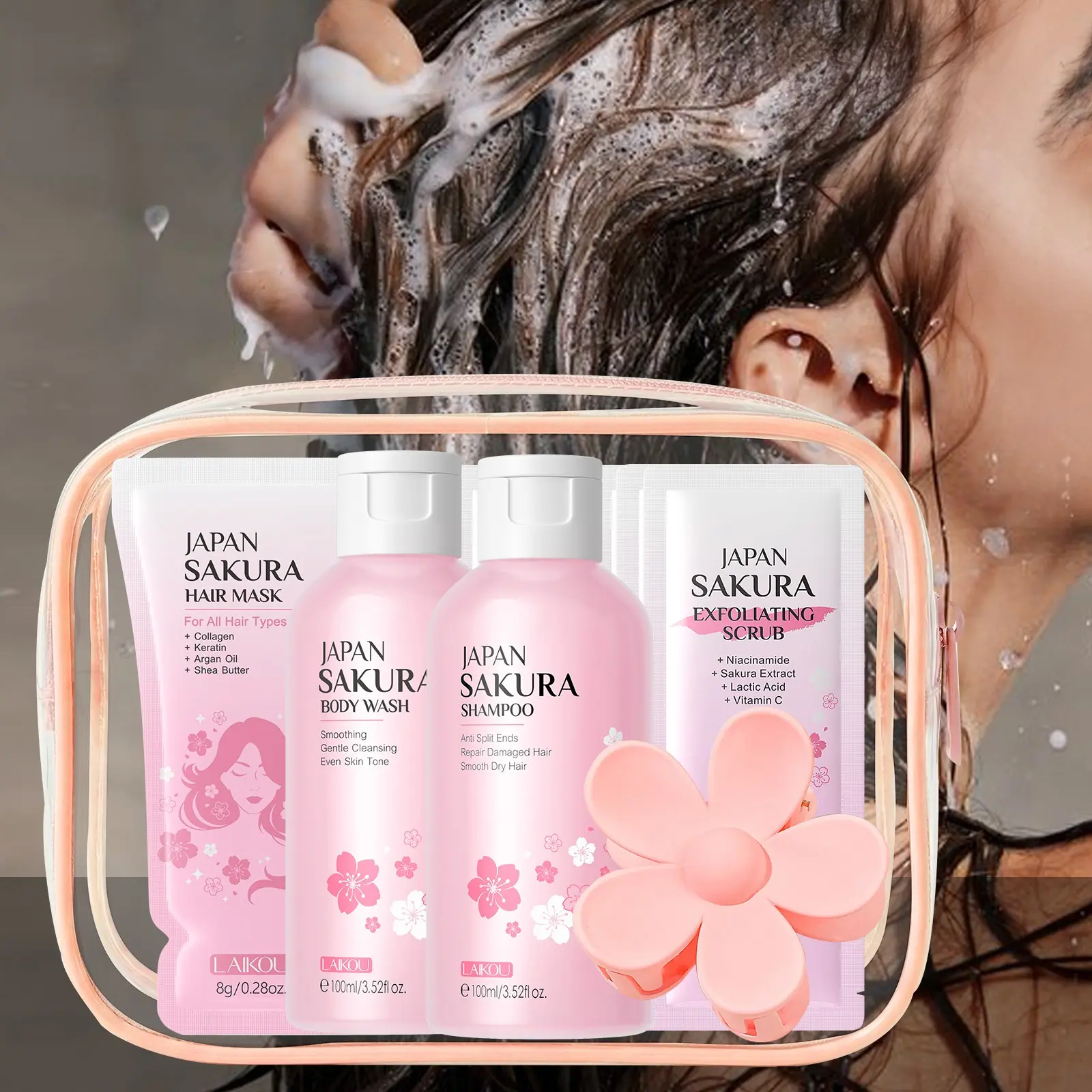 LAIKOU Japan Sakura Travel Bath Set, Shampoo, Body Wash, Exfoliating Body Scrub & Hair Mask, Soothing Softening Skin & Hair Care Kit, Body Care Sets, Hydrating Set