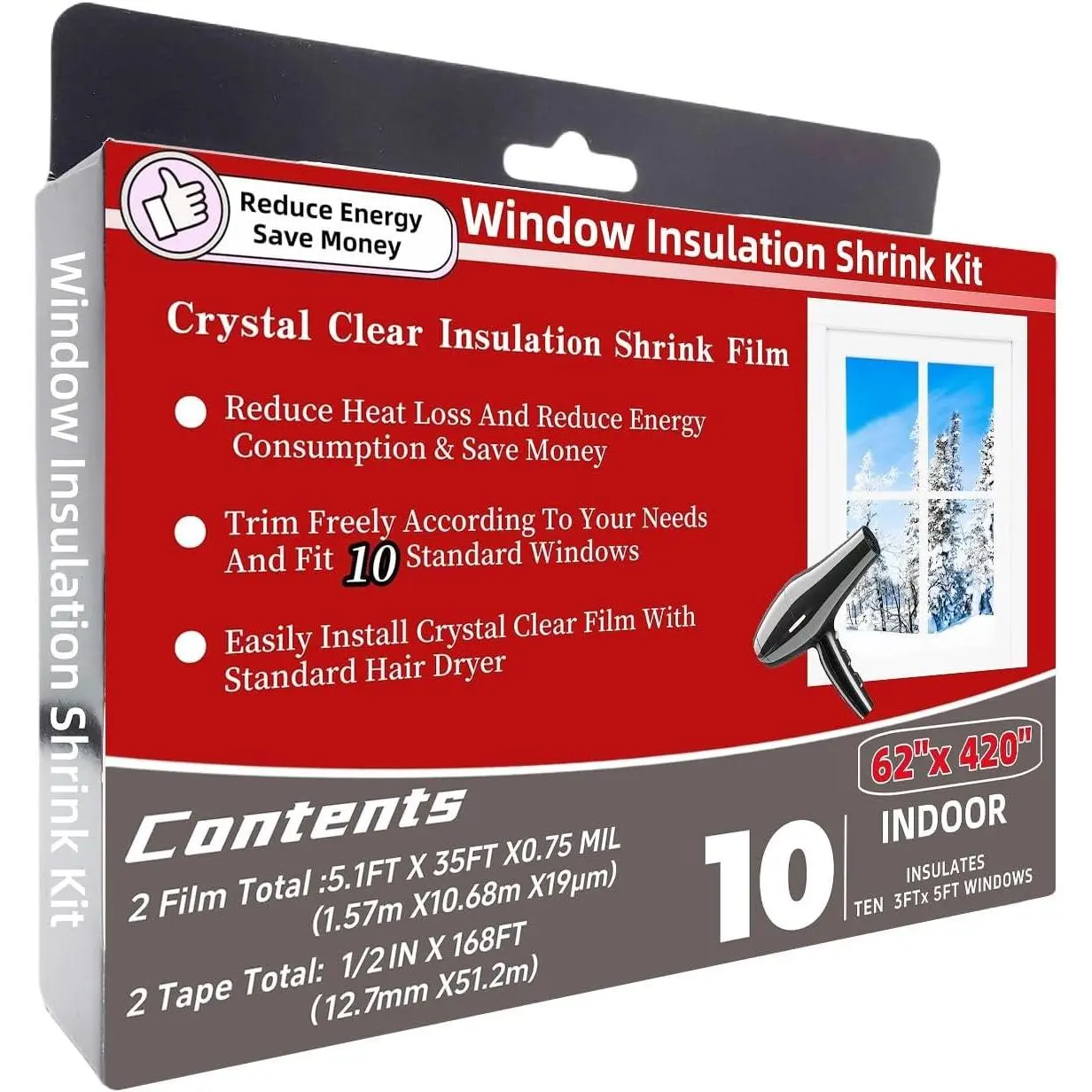 10-Window Shrink Film Insulation Kit (62-Inch x 420-Inch) – Keeps Cold Air Out & Warm Air InGift