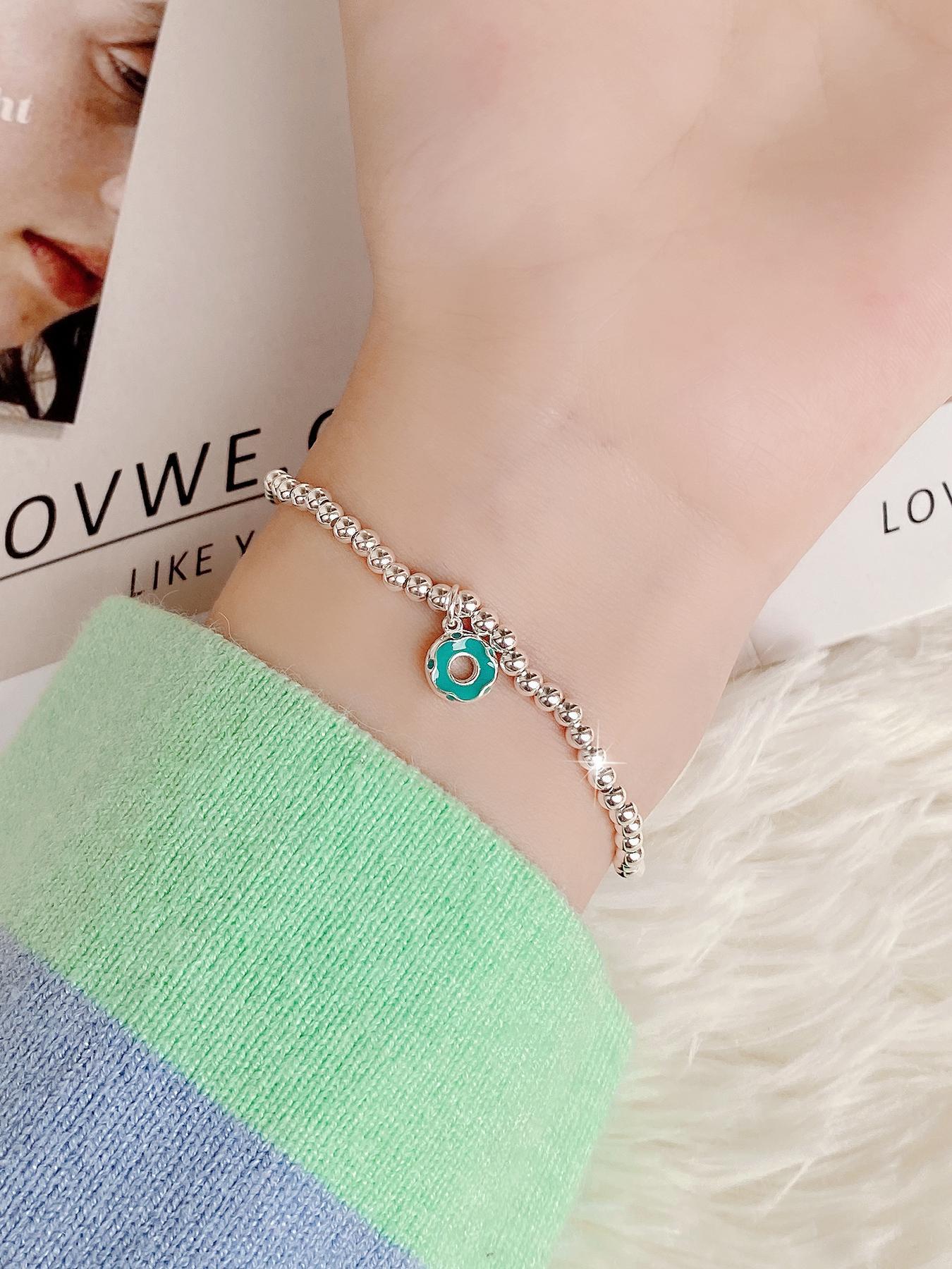 S925 Sterling Silver Cute Donut Design Beaded Bracelet with Pendant, Fashionable Jewelry for Women & Girls, Trendy All-match & Exquisite Jewelry for Birthday Gift