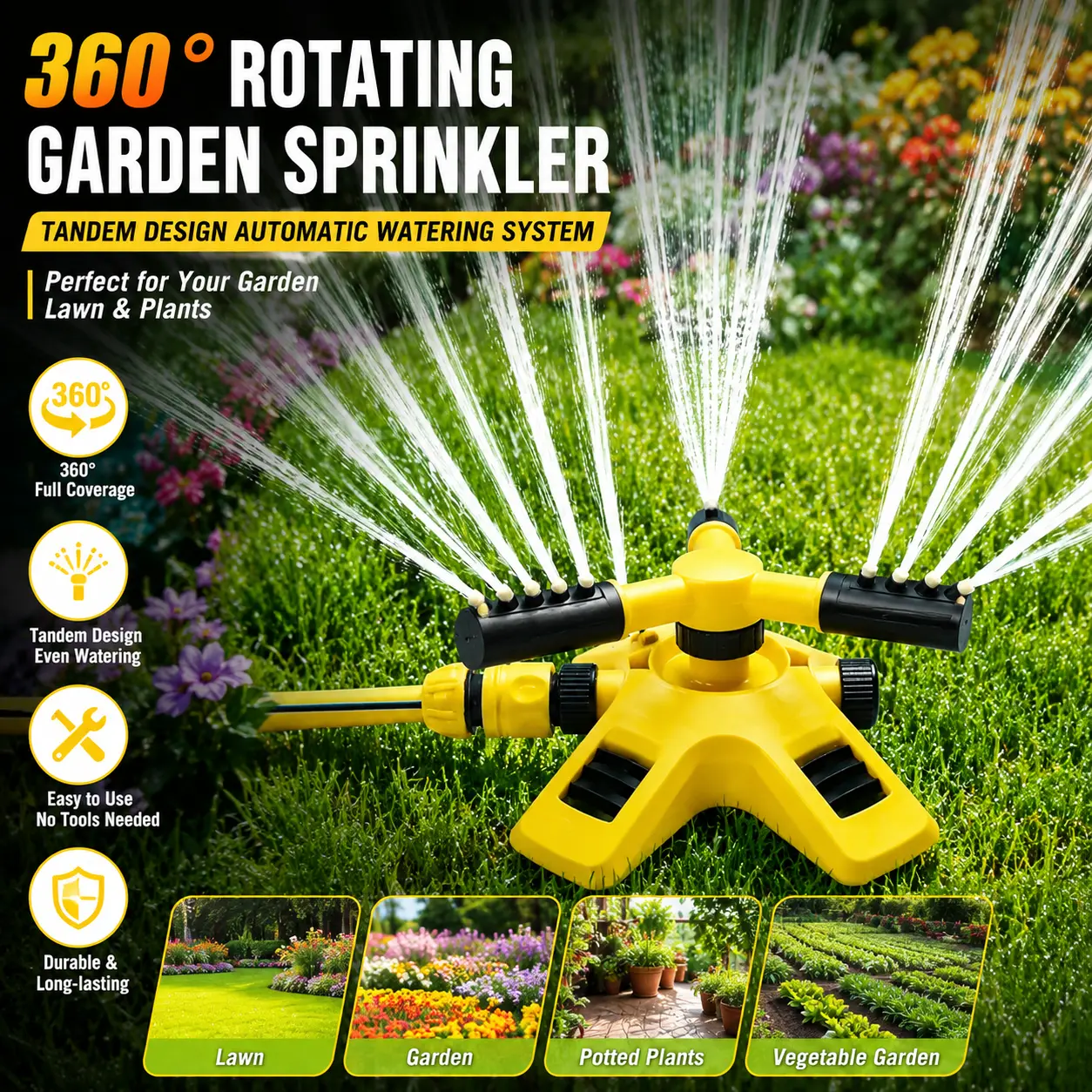 Garden Sprinkler 360 °   Rotating with Tandem Design Automatic Watering System for Plants Flowers
