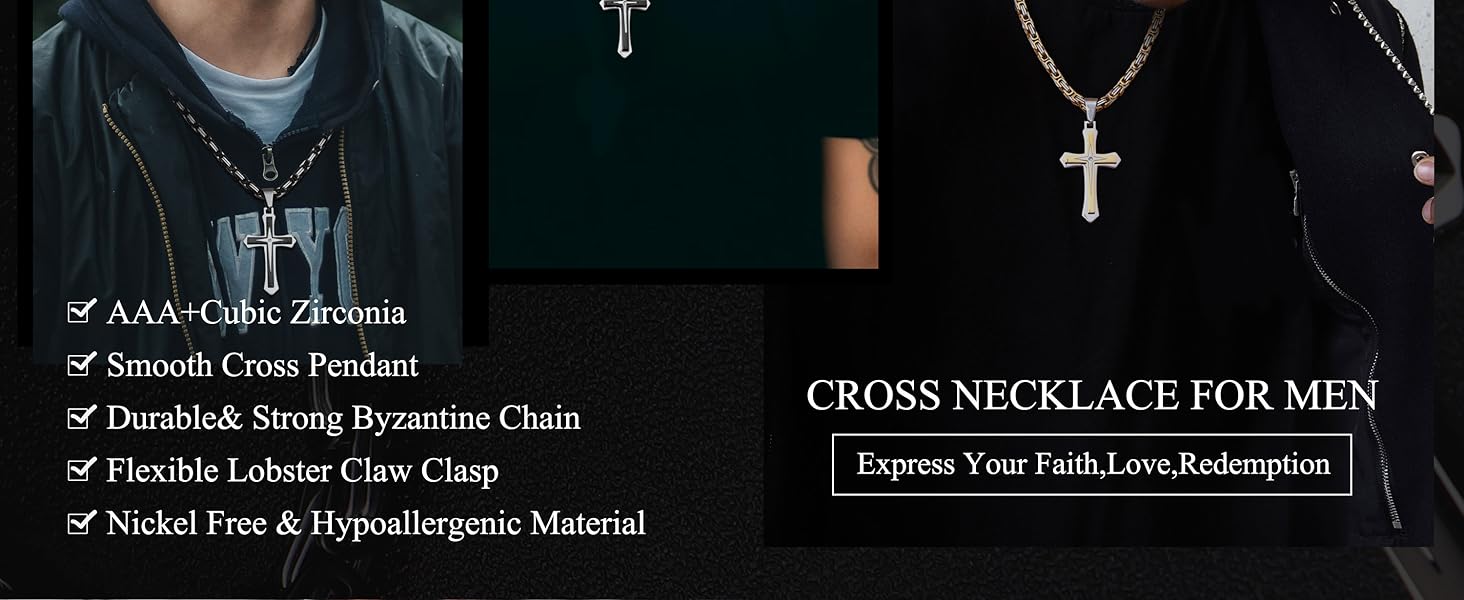 LOLIAS Black Gold Cross Necklace for Men Stainless Steel Byzantine Chain With Cross Pendant Necklace Mens Gift 22-30lnch