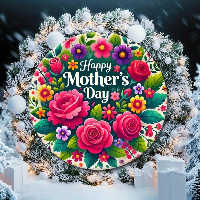 Vintage Mother's Day Wall Hanging - Round Floral Wreath Metal Sign with "Happy Mother's Day" Text, Pink Roses & Purple Daisies - Durable Iron Decor Suitable for Farmhouse, Porch, Bedroom - Perfect Gift for Mom, Year-Round Decorative
