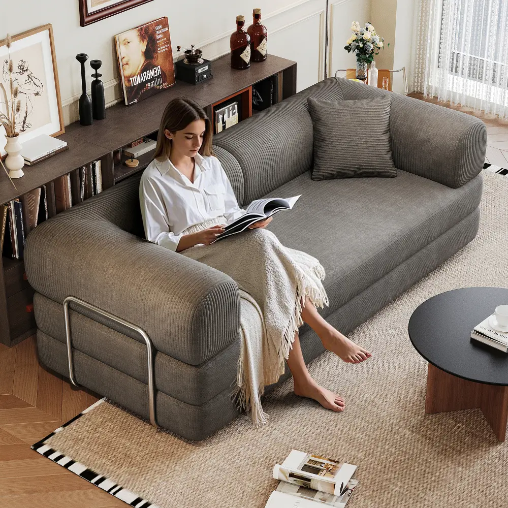 Littleox 78.8" Compression Sofa,Convertible Floor Sofa Bed-with Pillow Back Support Armrest,Comfy Futon Couch Sleeper Bed,Loveseats Boneless Modular Sectional Sofa,Corduroy fabric,for Living Room,Bedroom,Grey