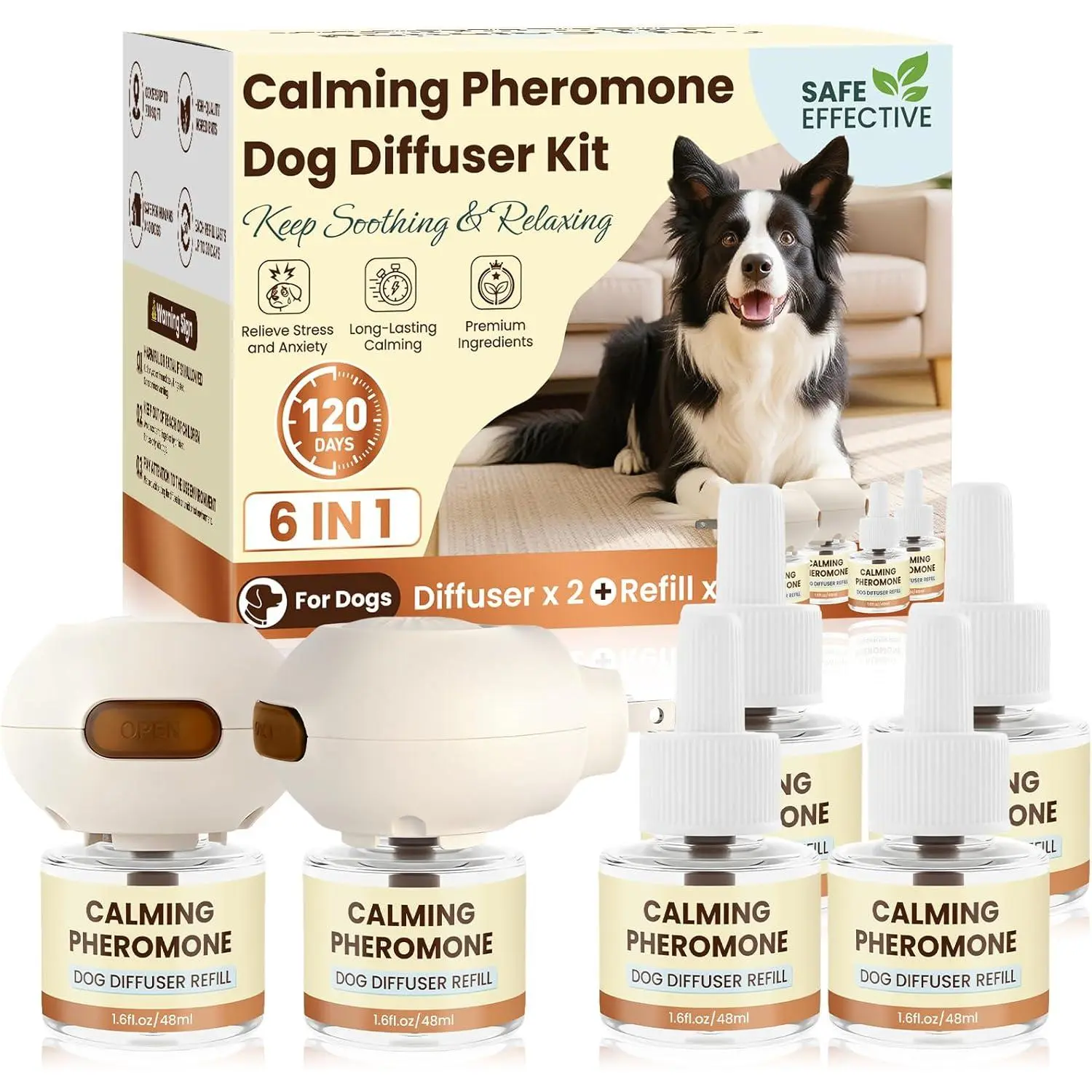 Dog Pheromones Calming Diffuser to Calm Dogs 6 IN 1 Kit (2 Diffusers+4 Refills) Pheromone Plug In for Stress Barking Pee Accidents Chewing Aggression Separation Anxiety Relief 120 Days(Odorless)