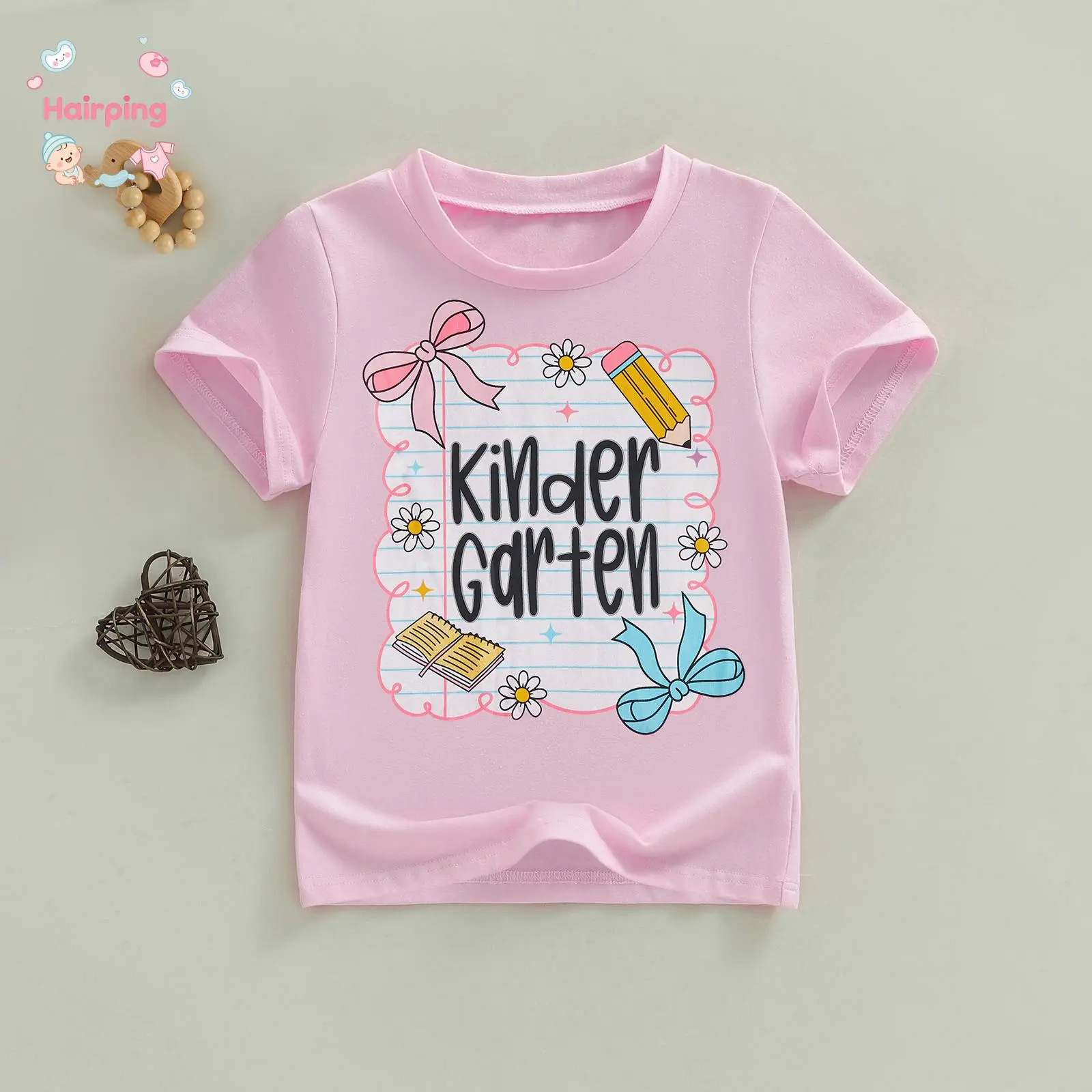 Little Girls' Back to School Short-Sleeve Crew Neck Grade Print Casual Summer Tops