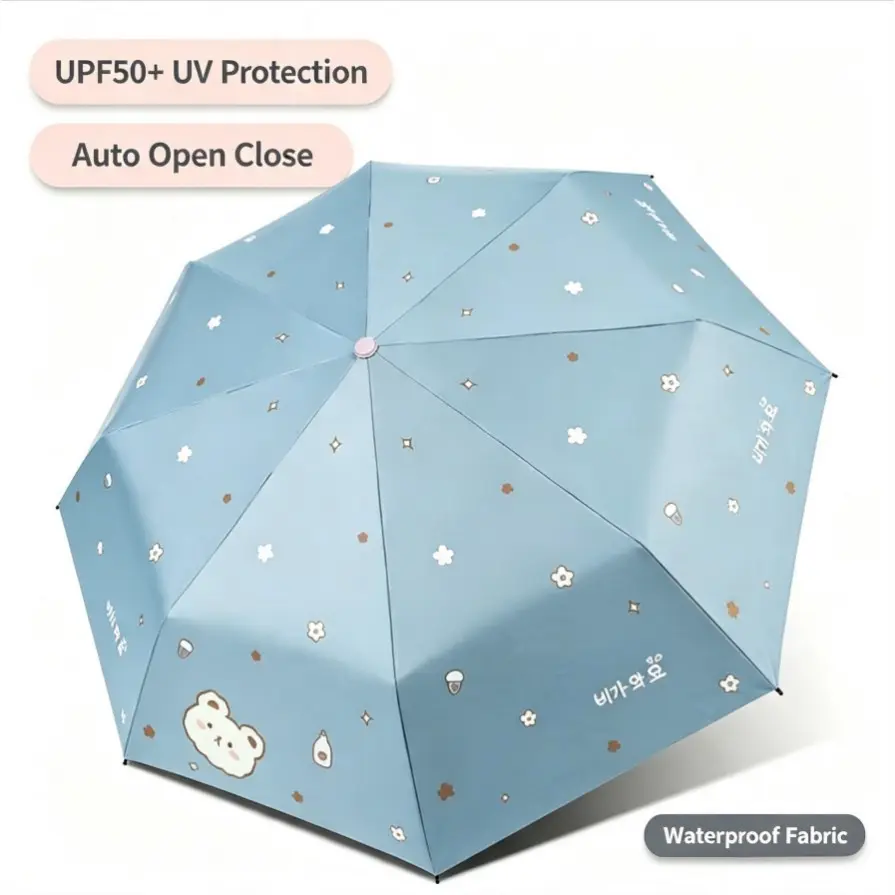 Cute Bear-Print Folding Umbrella for Women, Automatic Open Close, Rain Protection, Lightweight Portable, Perfect Gift Idea