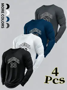 4-Pack Men's Long Sleeve T-Shirts, Los Angeles Print, Breathable, Casual, Sporty, Comfortable, Geometric Pattern, All Seasons