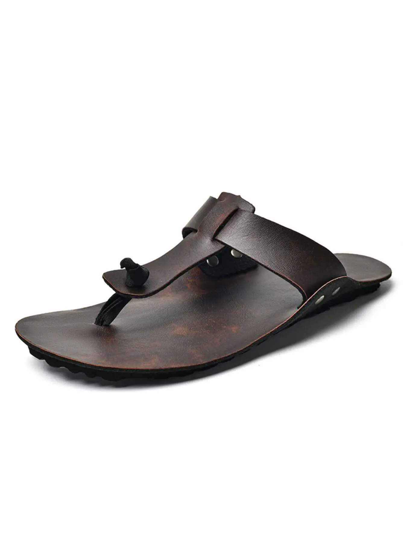 Men's Sandals Summer Leather Flat Toe Outdoor Large Size Casual Flip Flops, Durable Beach Shoes, Comfortable Footwear for Men