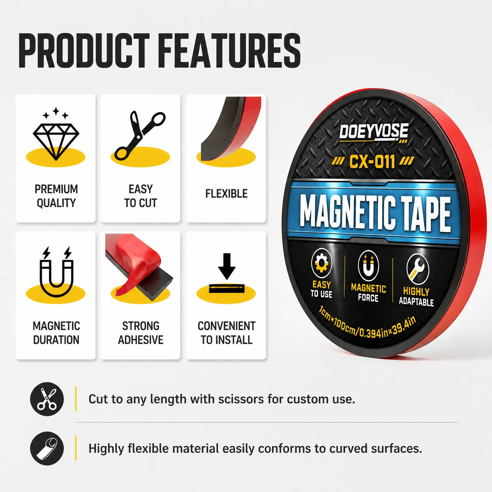 Doeyvose Magnetic Tape Roll with Adhesive, Strong Magnet Strip for Office Partitions, Cubicle Walls, Notice Boards, Presentation Displays