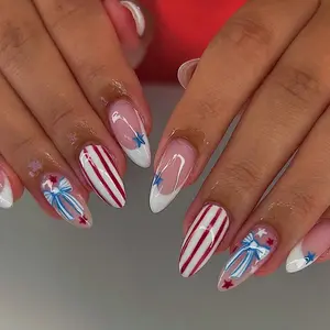 24-Piece Summer Reusable Press-On Nails, Nude Base with Stripes, Blue Stars & Bowknots, Independence Day Theme, Women's Nail Art Set