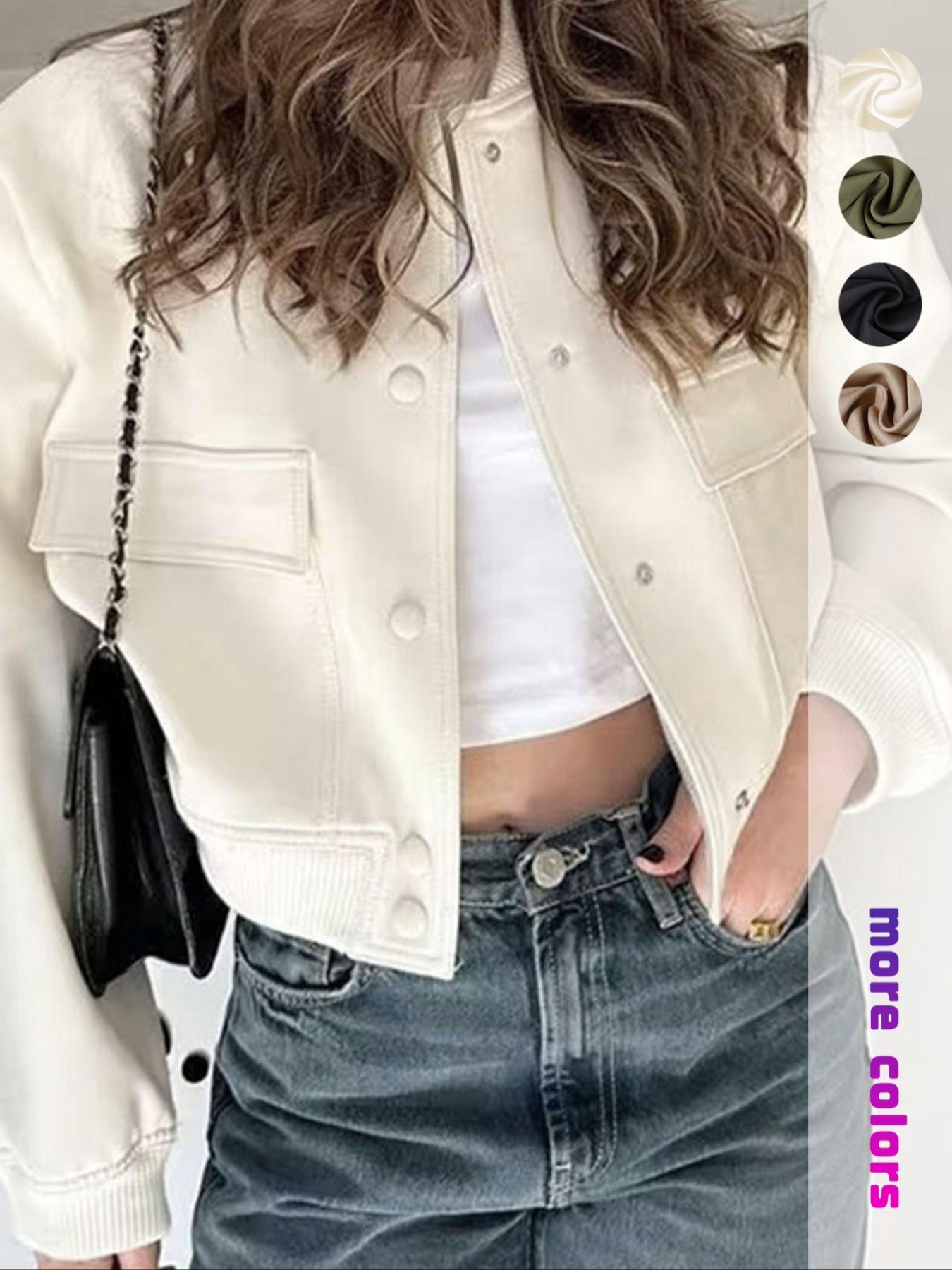 Women's Plain Flap Pocket Crop Bomber Jacket, Casual Long Sleeve Button Front Varsity Jacket, Ladies Outerwear Coats for Daily Wear