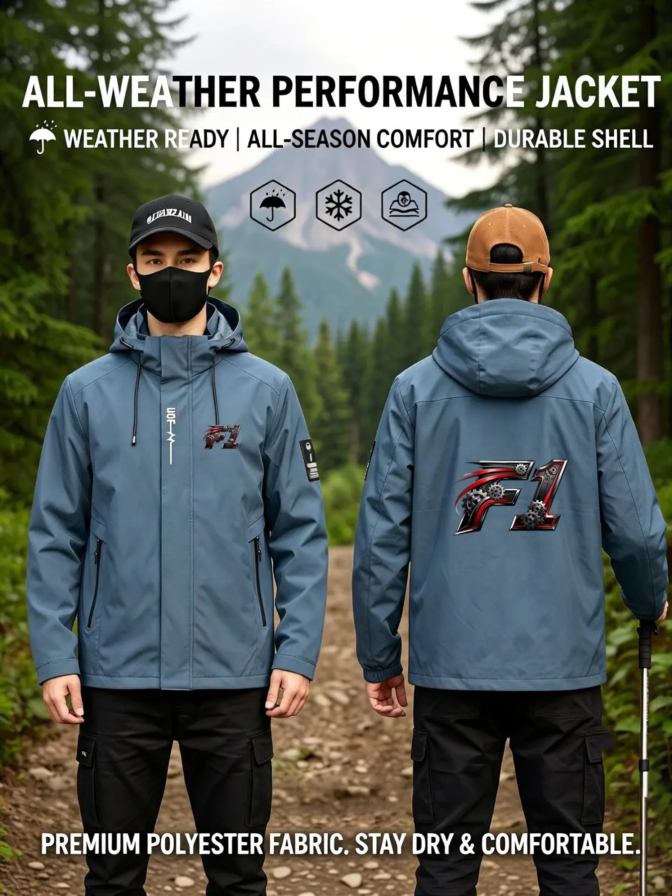 F1 Men's New Lightweight Windproof Hooded Jacket, Durable Zip Closure, Sporty Outdoor Casual Workwear, Zip Pockets, Spring & Fall Outerwear