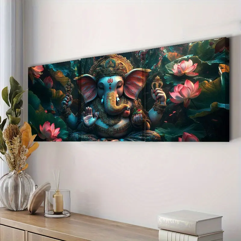 Ganesh Lotus 3-Piece Canvas Wall Art - Framed, Ready To Hang - For Living Room - Perfect Gift For Housewarming Christmas New Year - Wall Decor, Home Decoration